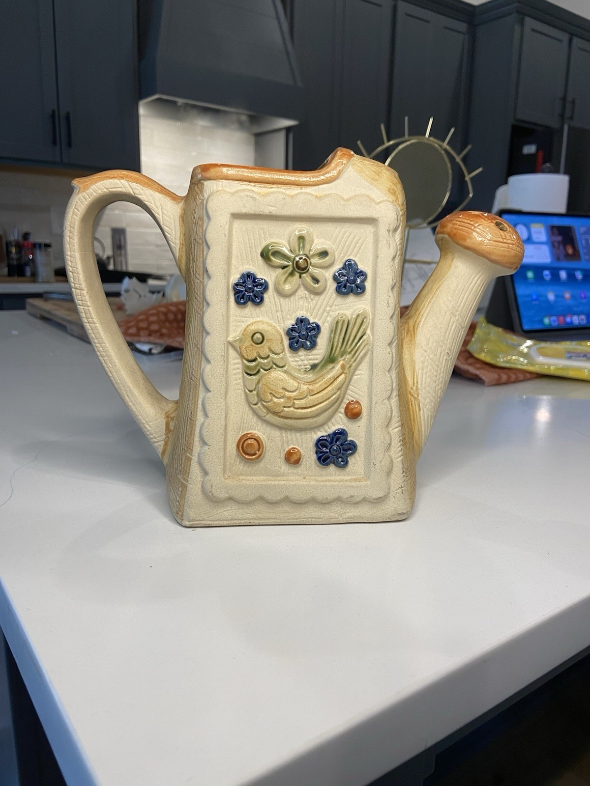 Vintage Retro Glazed Bird and Floral Ceramic Watering Can Flower Vase 7″ Tall