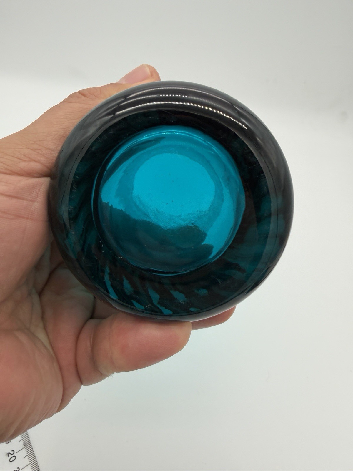 Empoli Italy Handblown Art Glass Diamond Optic Teal Pedestal Vase 8.5” Swirl