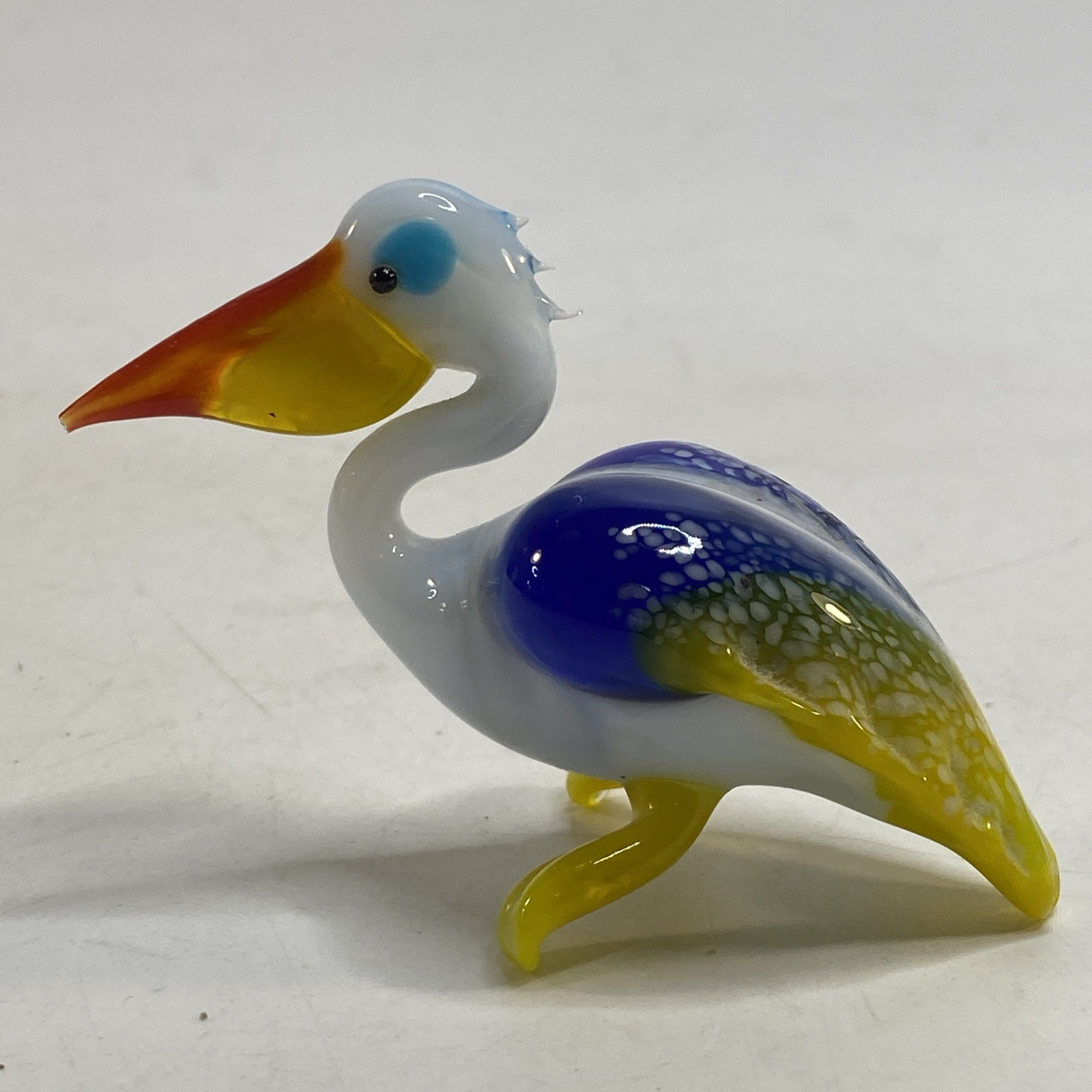 Art Glass Pelican Bird Figurine Hand Blown Vtg Murano Style Blue White 2.5×3.5in