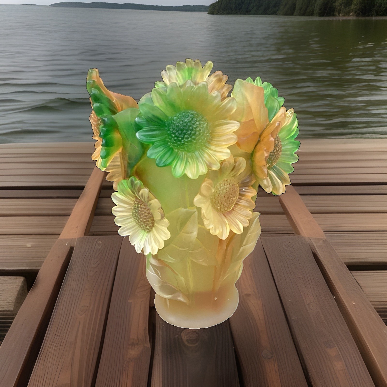 compatible with Nancy Daum Sunflower Xl Crystal Vase H9” Heavy Art Glass