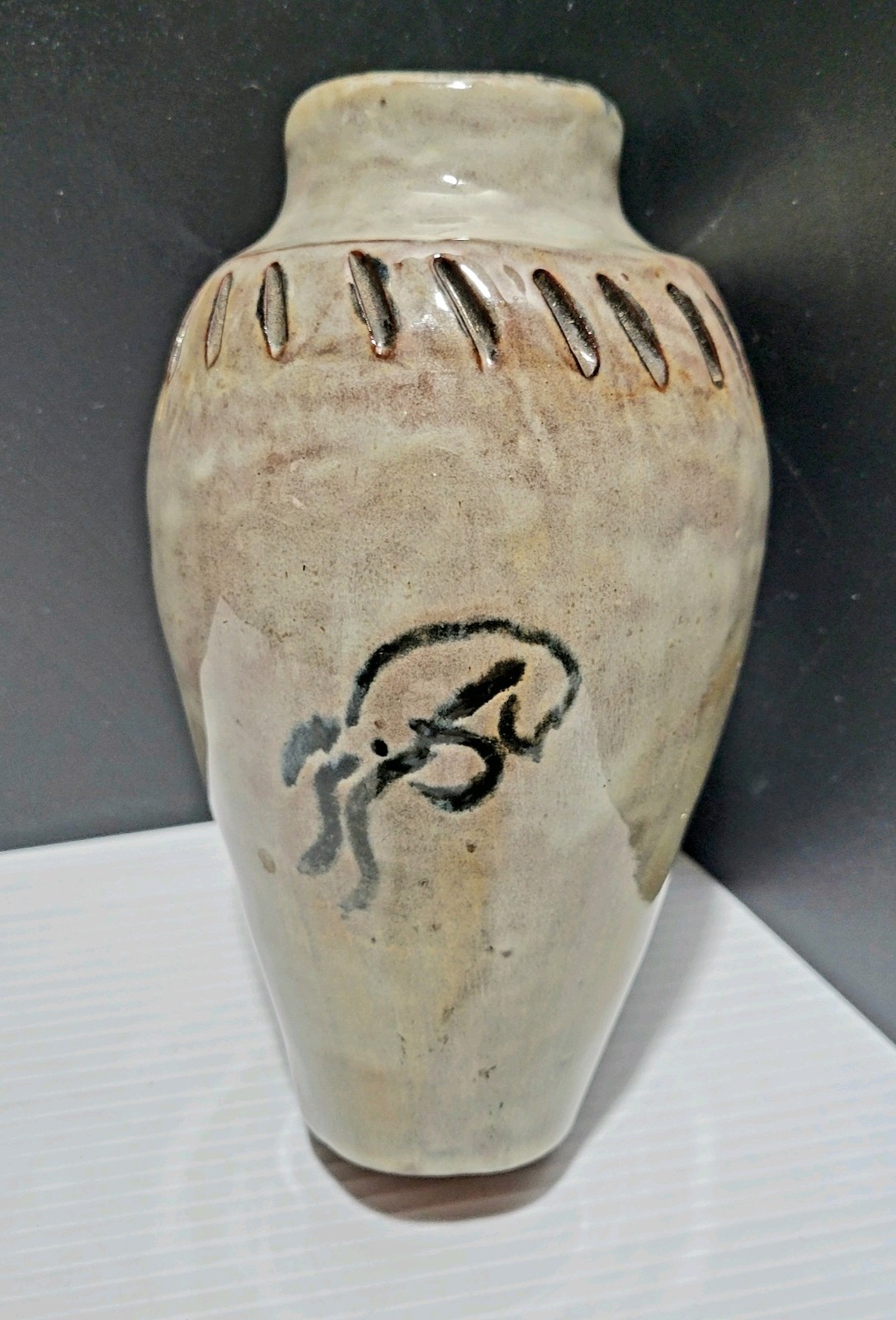 Handmade Studio Art Pottery Vase, Prehistoric Style Design Cave Drawings Signed