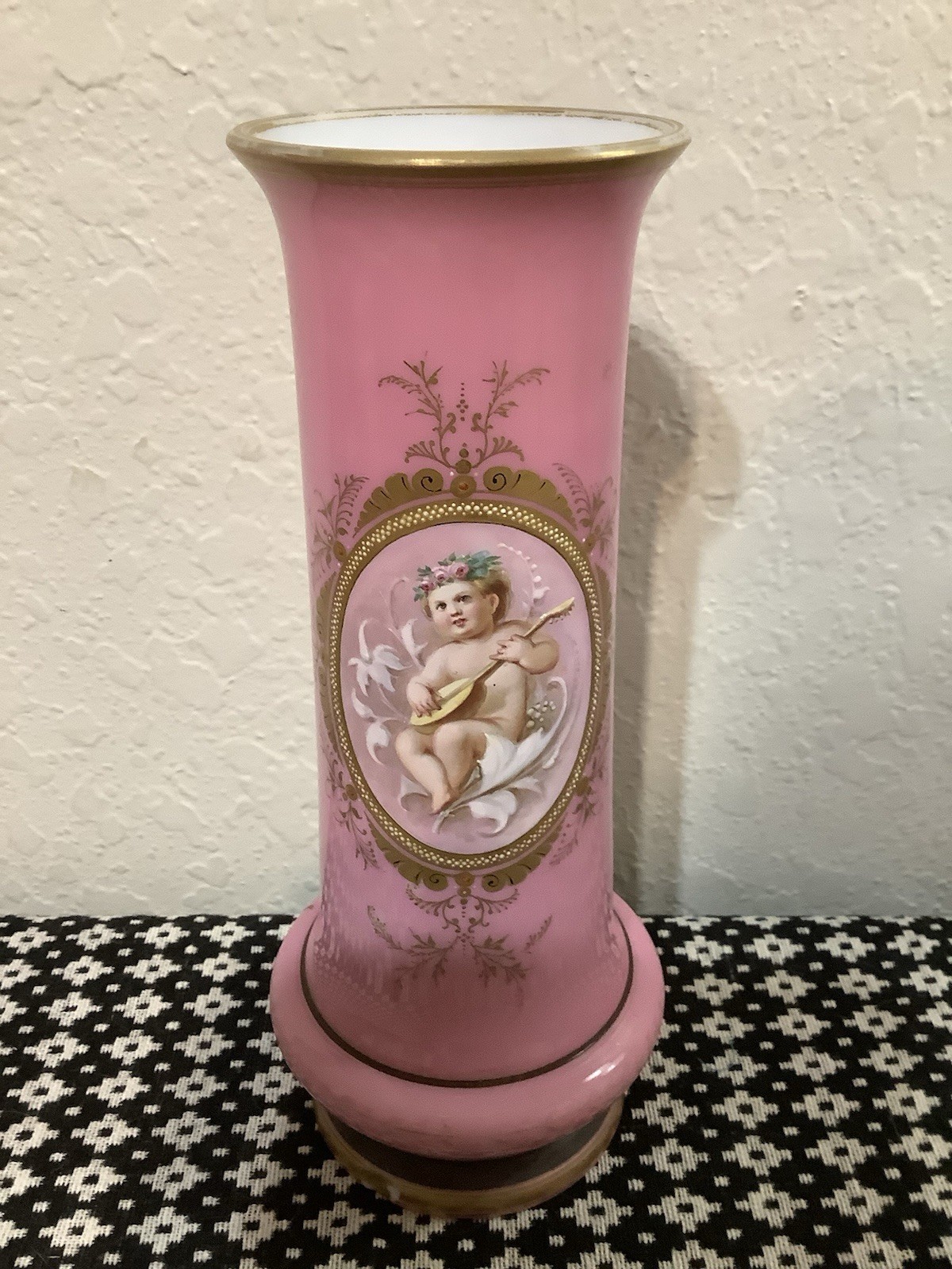 Antique French Opaline or Porcelain Pink Glass Vase with Cupid 10″ High