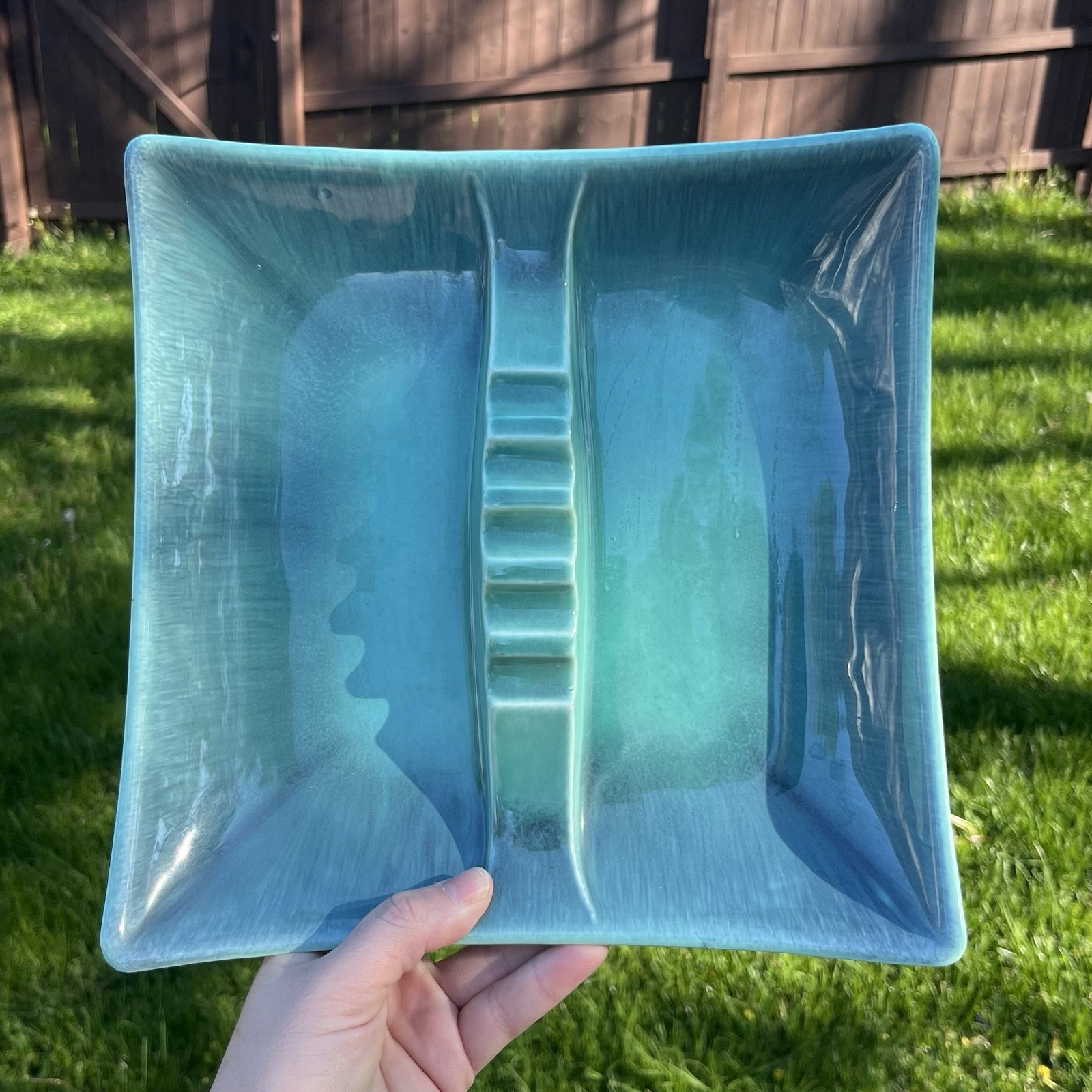 MCM Vintage 10.5″ Square Cigar/Cigarette Ashtray Turquoise Drip Glaze