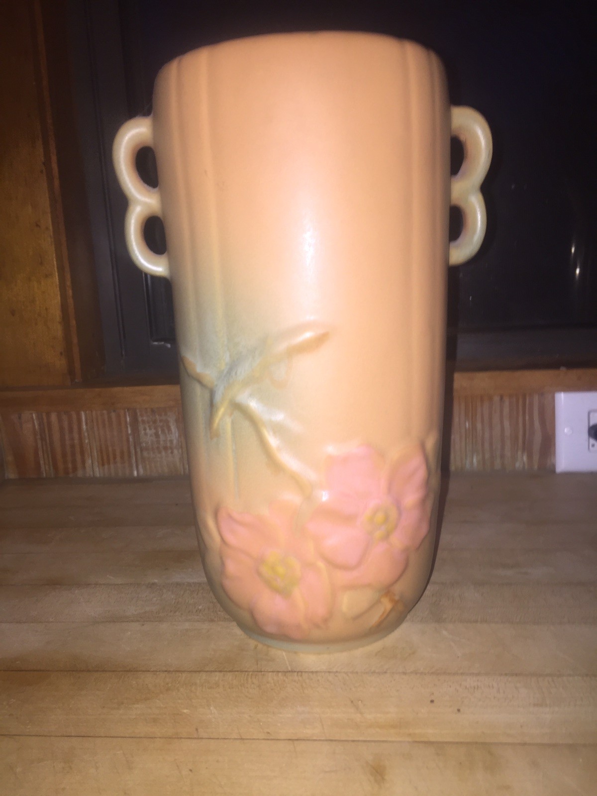 Vintage Weller Ceramic Stoneware Vase. Wild Rose Blended Peach & Green 12 In.