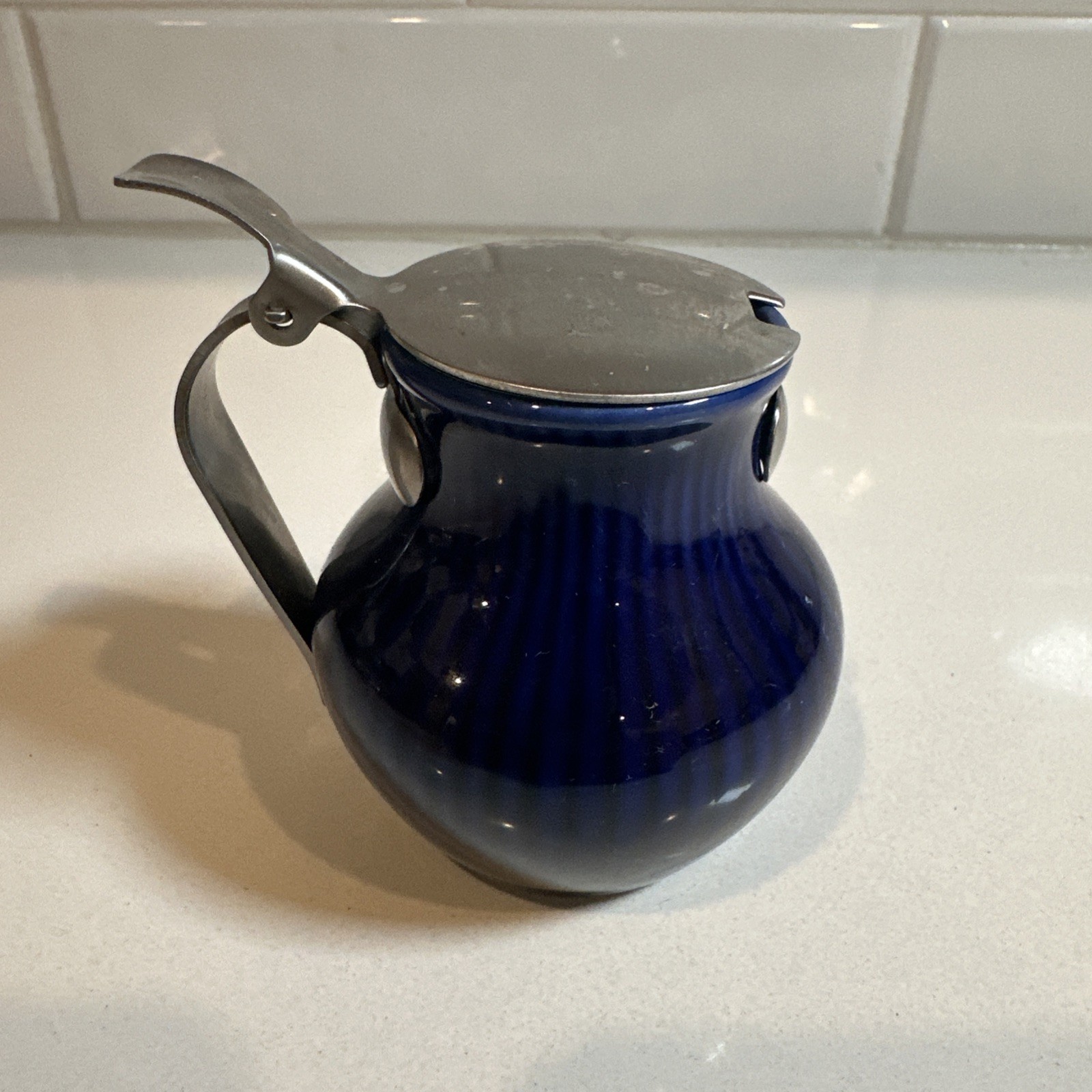 Vintage Rorstrand Mustard Pot Swedish Faience Pottery Cobalt Blue 3.5”