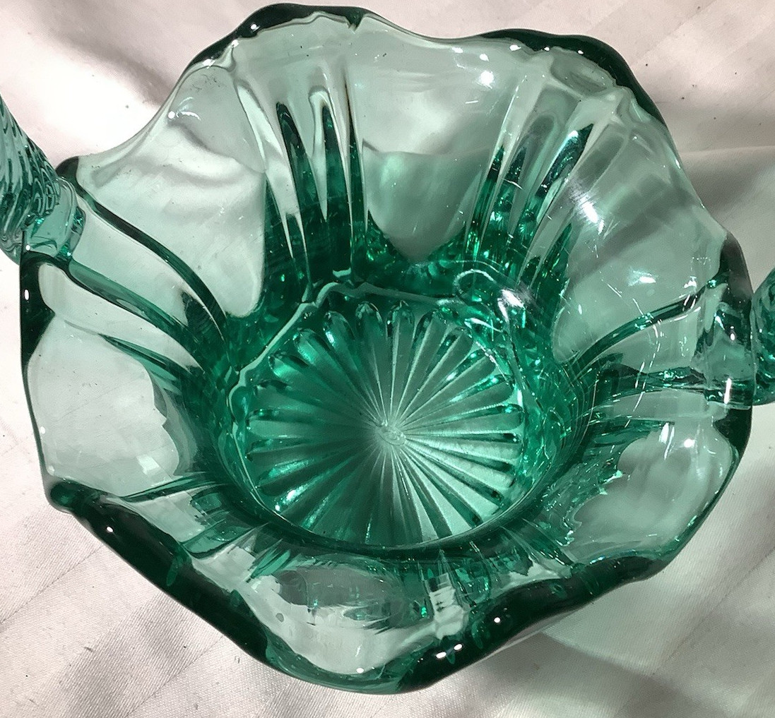 Vintage Fenton Mint Emerald Green Ruffled Glass Basket with Swirl Handle