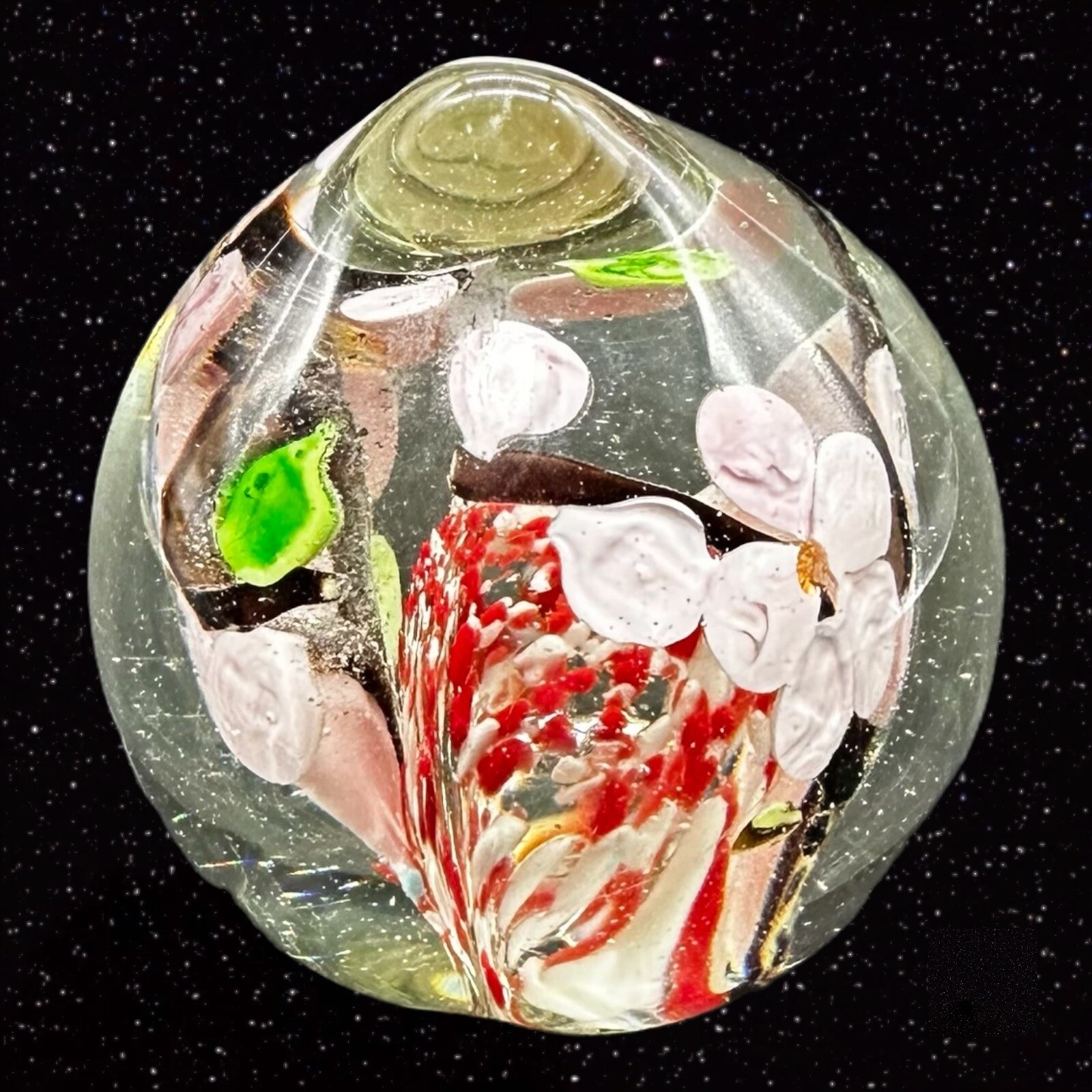 Czech Art Glass Peach Shaped Paperweight Cherry Blossom Tree Glass Orb Round 3”W