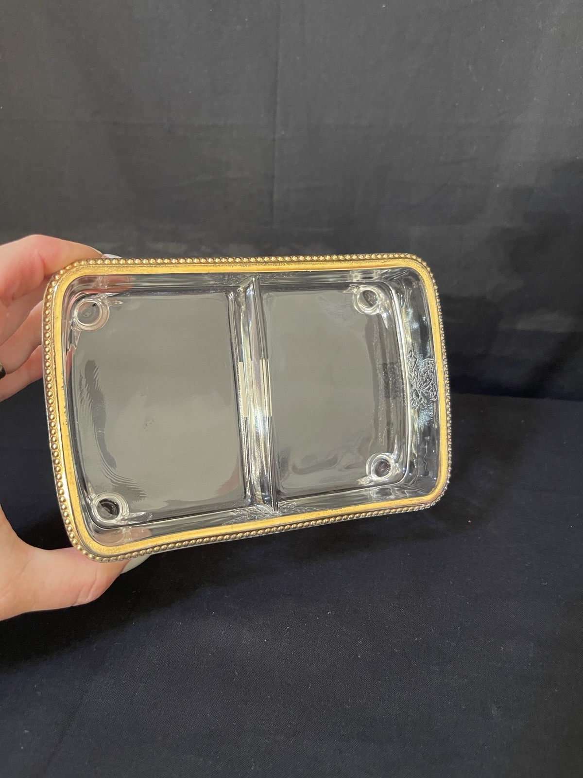Vintage Jeannette Glass Butterfly Clear Cigarette Box Gold Trim Beaded Footed