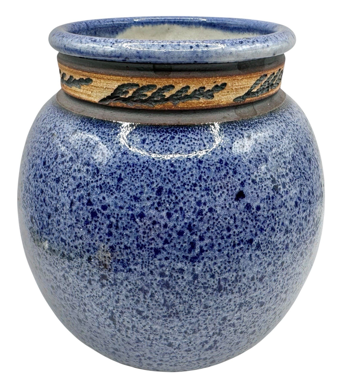 Signed Studio Art Pottery Vase Planter Pot Blue Speckle Cyprus Needles Tree 6”