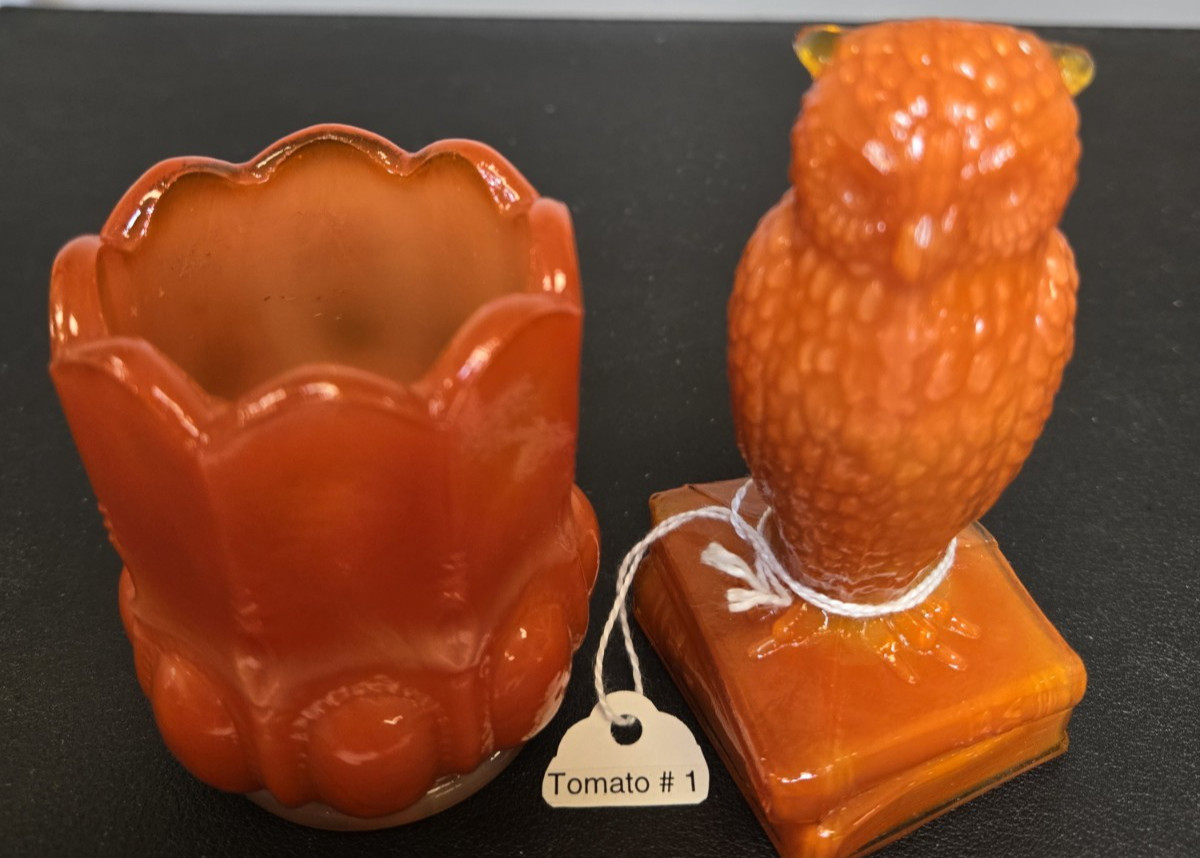 Vintage Degenhart Tomato Owl and Matching Glass Beaded Oval Toothpick Holder