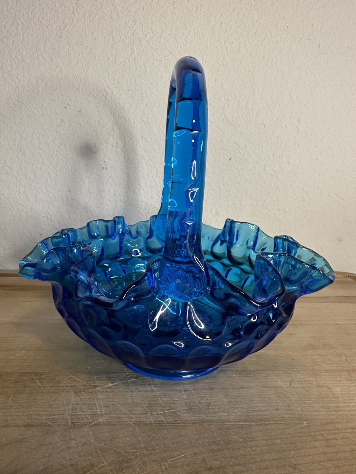 Vintage Fenton Colonial Blue Thumbprint Double Ruffle Basket Candy Dish 8″x7″