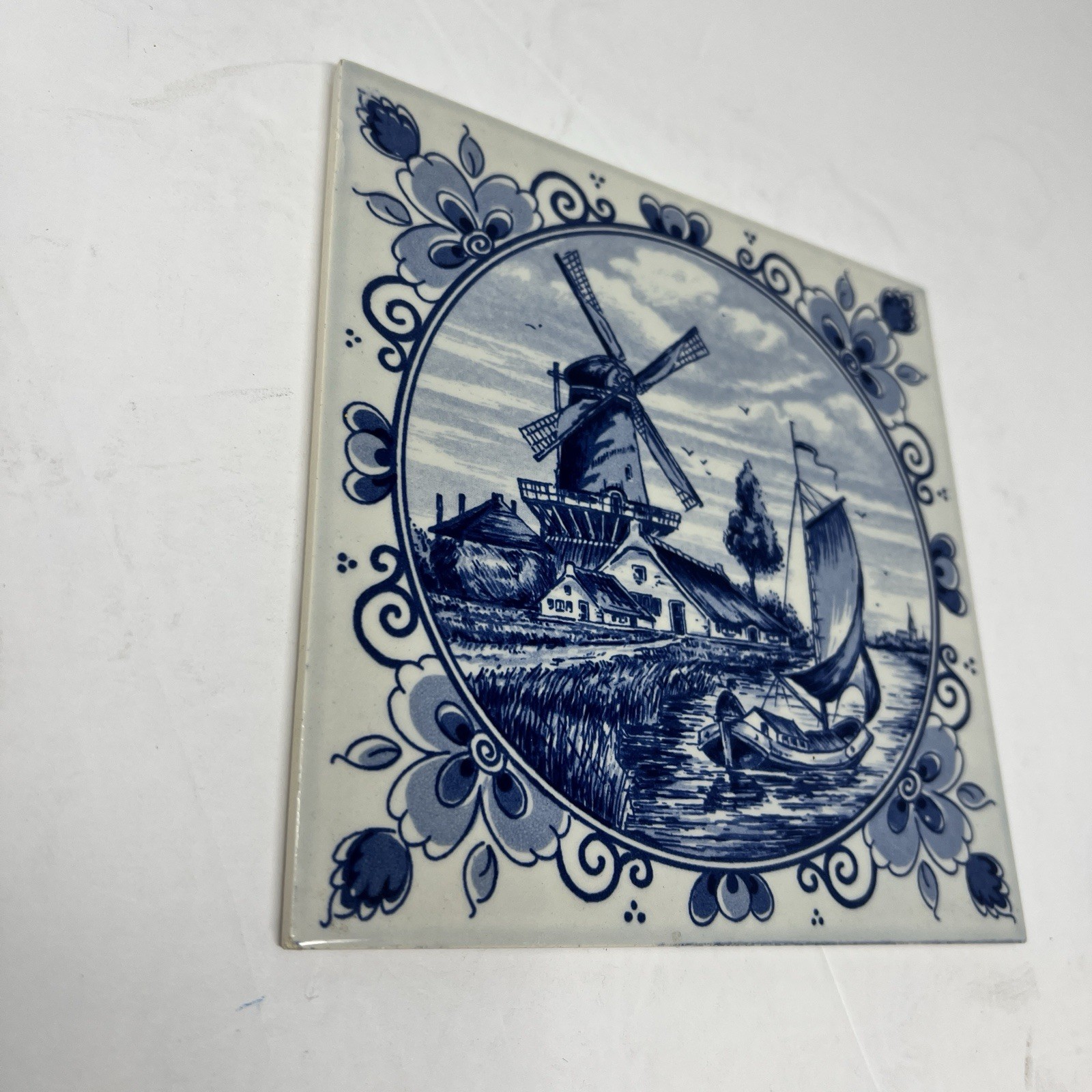 Delft Blue Hand Painted Pottery Tile Holland Wall Hanging Trivet Dutch Windmill