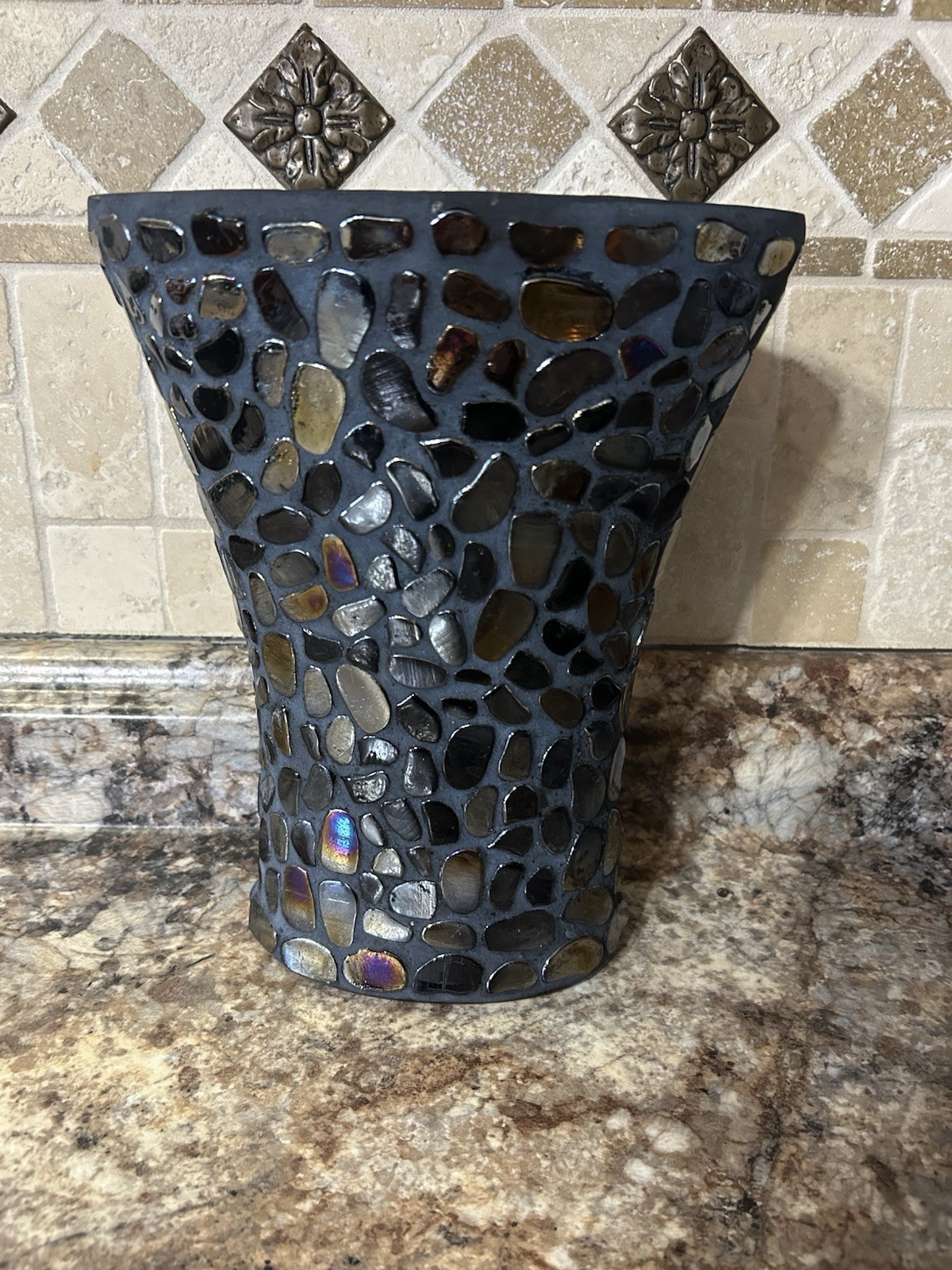 Black & Gray Mosaic Oval Vase w/Shiny Iridescent Glass On Clear Glass 10” High