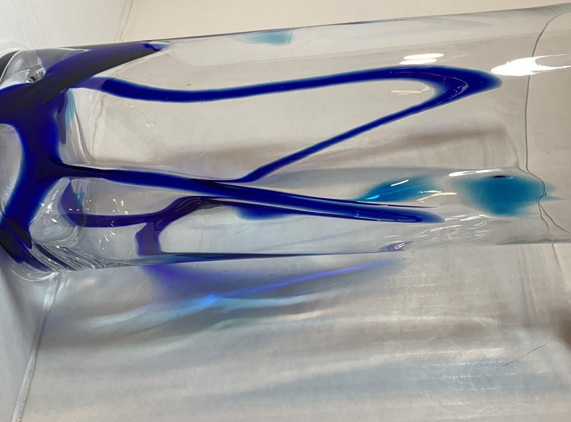 Hand Blown Mexican Glass Cylinder Vase 6″x14″, Clear w/Cobalt Blue Swirls