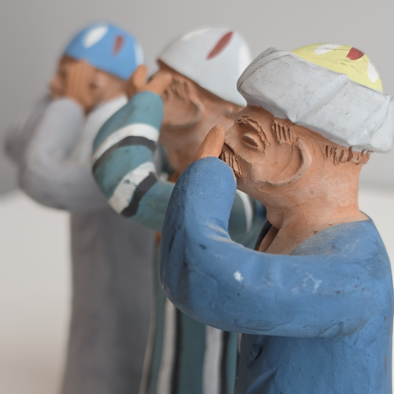 Signed Egyptian Terracotta Clay Wise Men Figures “Hear, See, Speak No Evil”