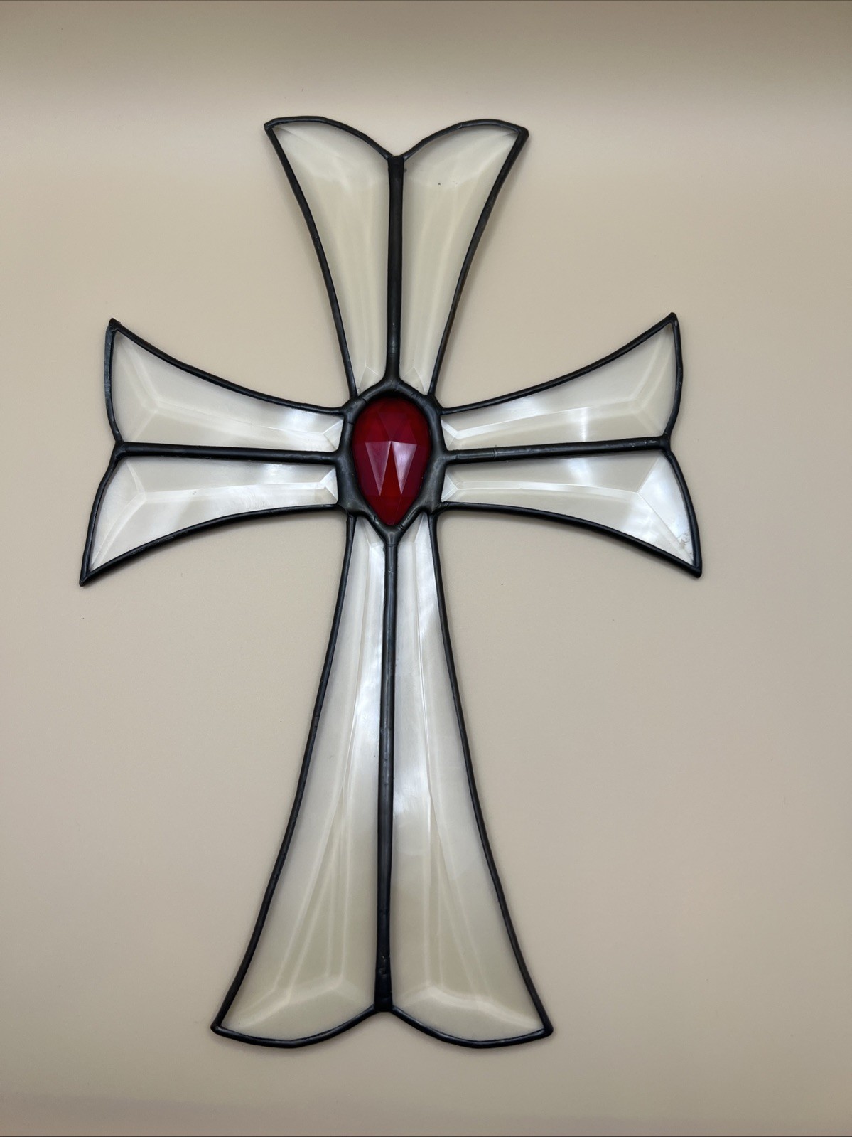 Vintage Stained Glass Cross Hanging Suncatcher Clear 9.75”x 6.25” Beveled Glass