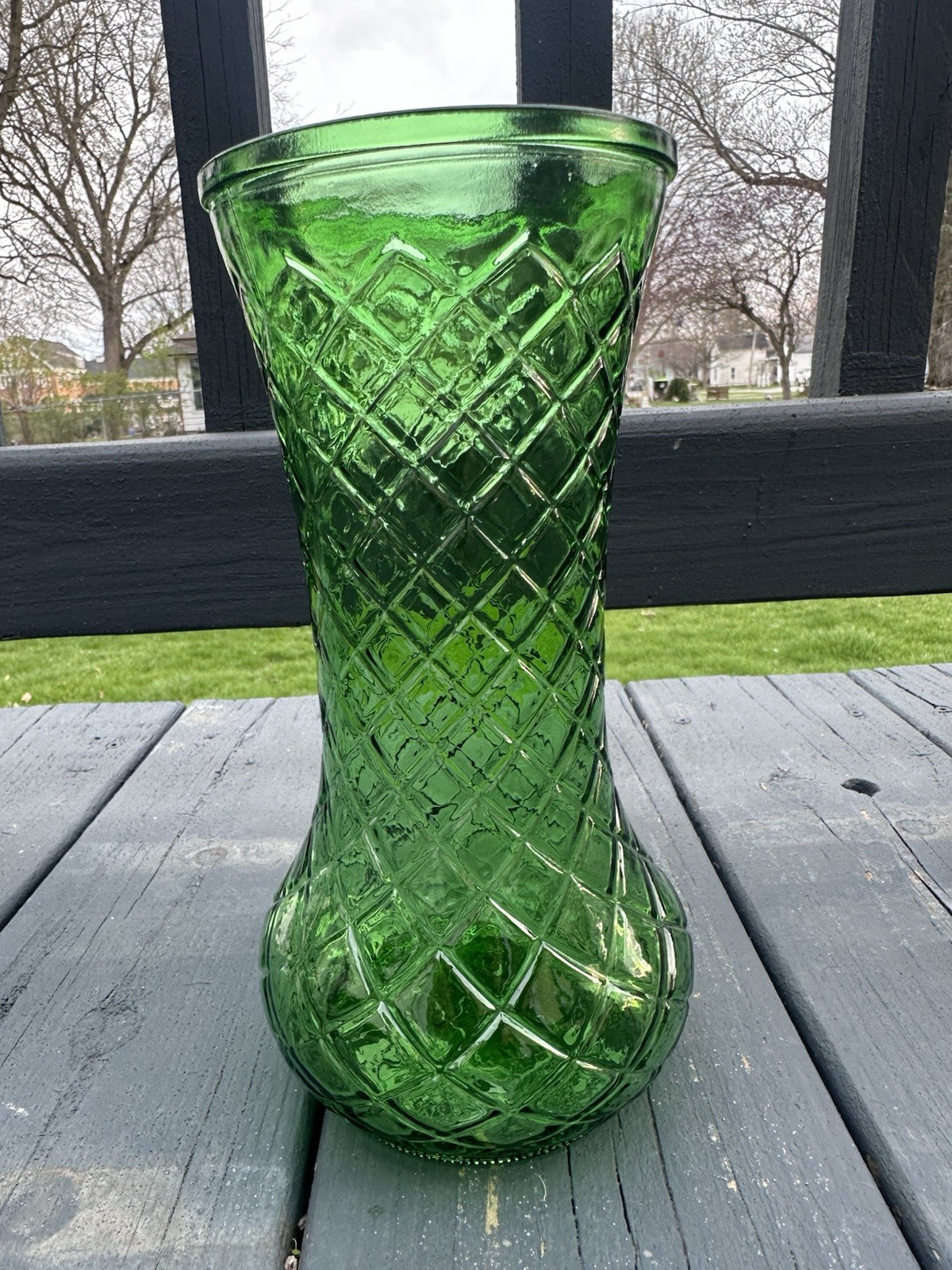 Hoosier Glass vase/ emerald green. Diamond cut pattern 9.5 in. # 4087