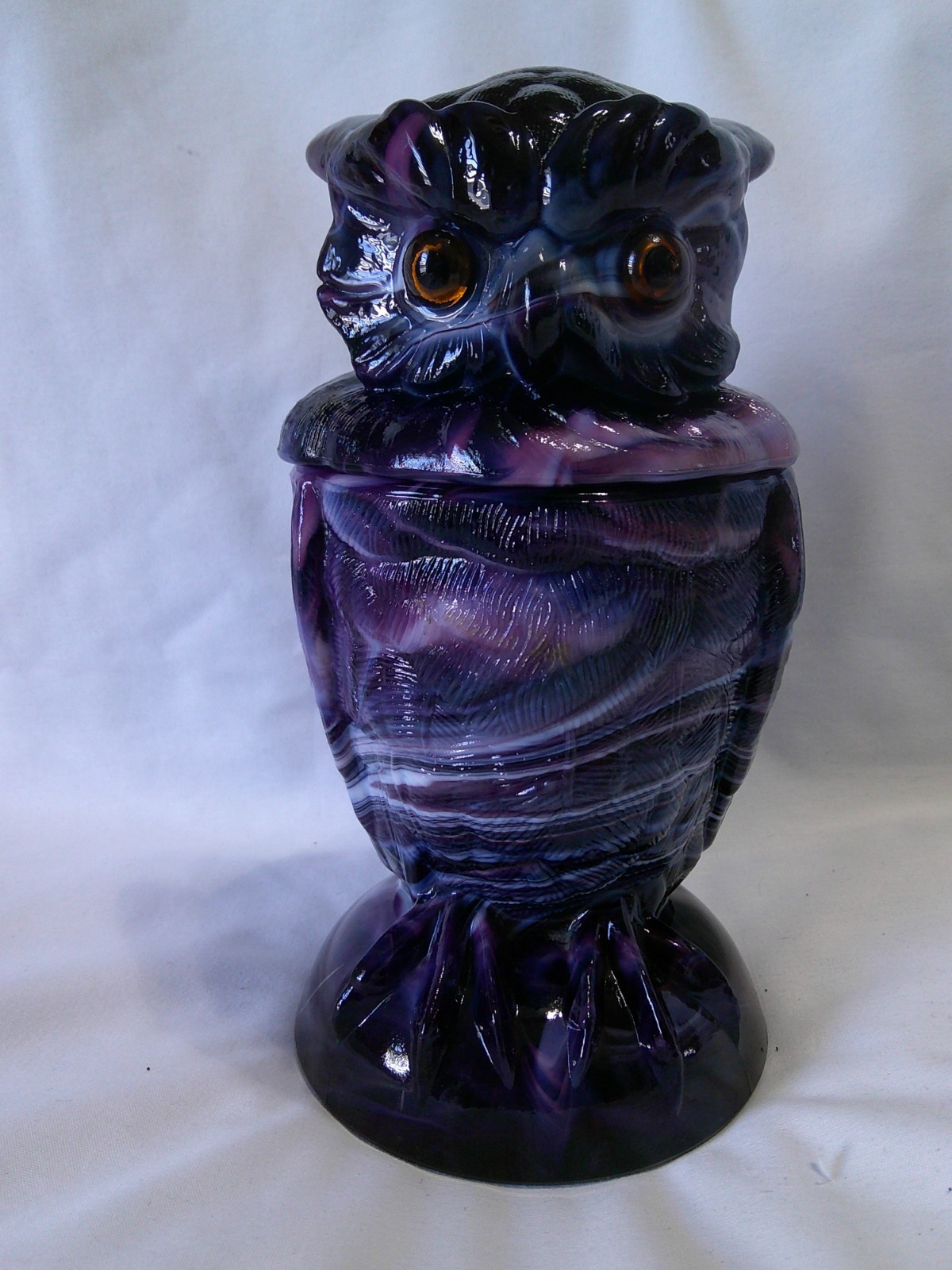 RARE Vintage Imperial Purple Slag Glass Owl Figure Covered Jar w Glass Eyes EVC