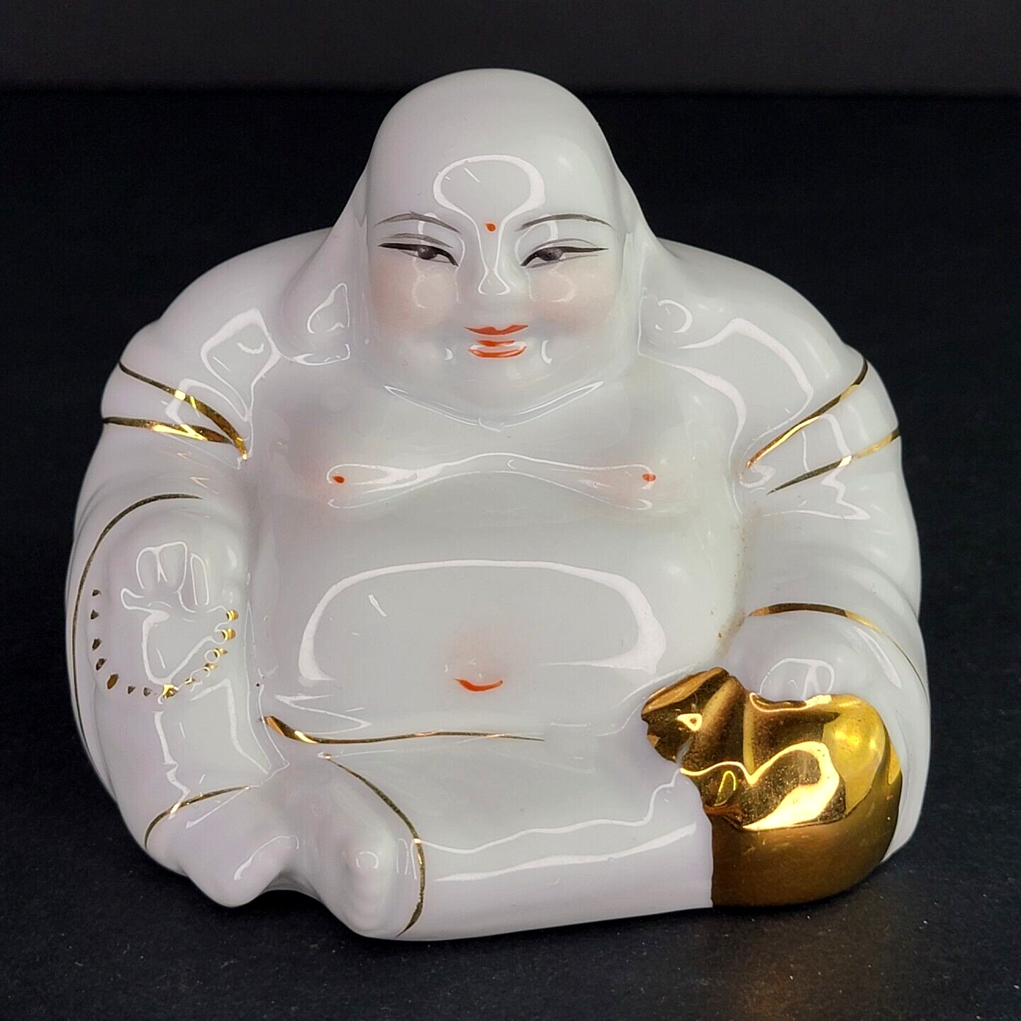 Vintage Porcelain Lucky Buddha Statue Figurine Hand Painted White Gold Figure