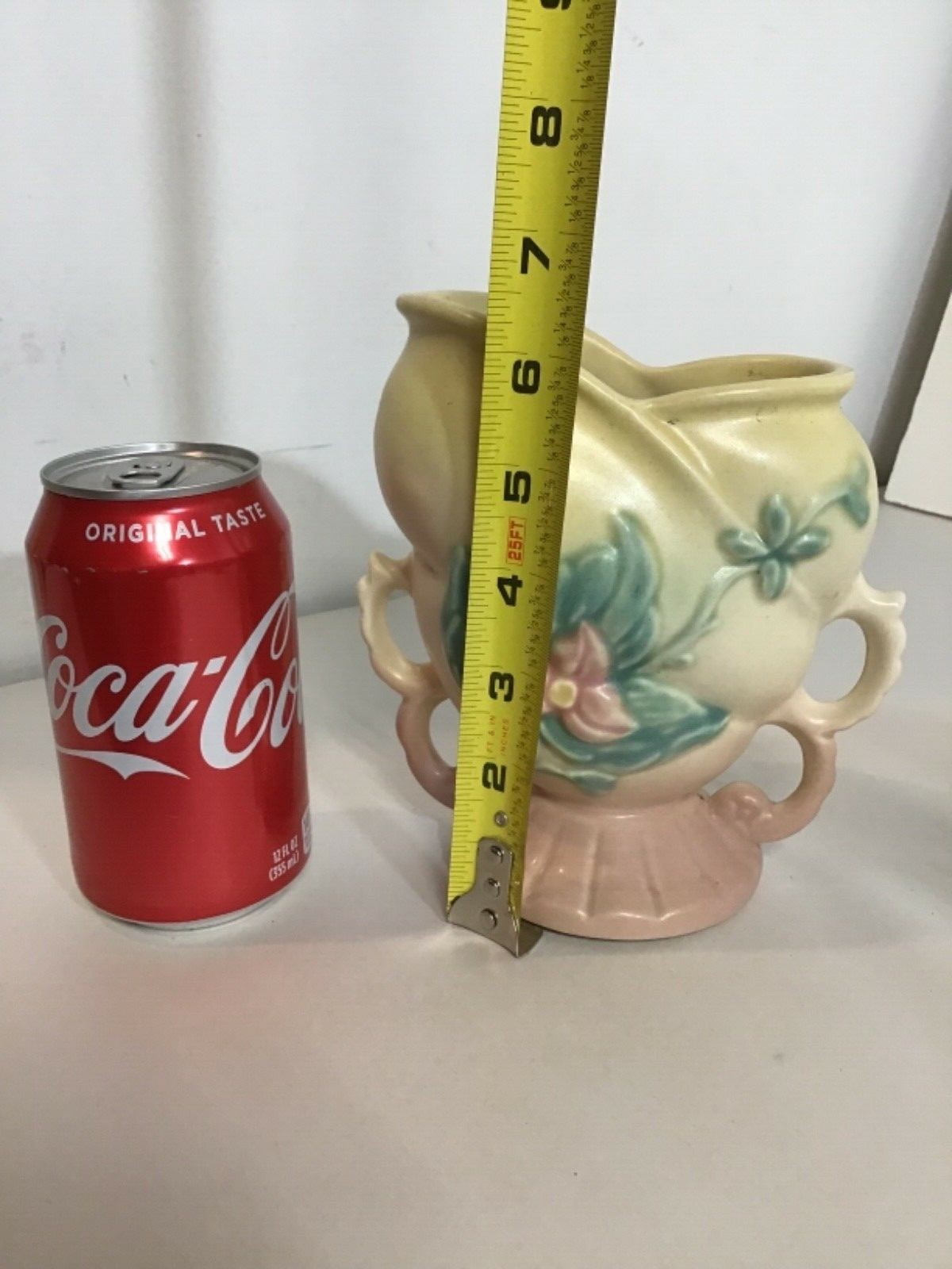 HULL Art Pottery Pink and Yellow Vase Matte Finish Quadruple Handle Vase