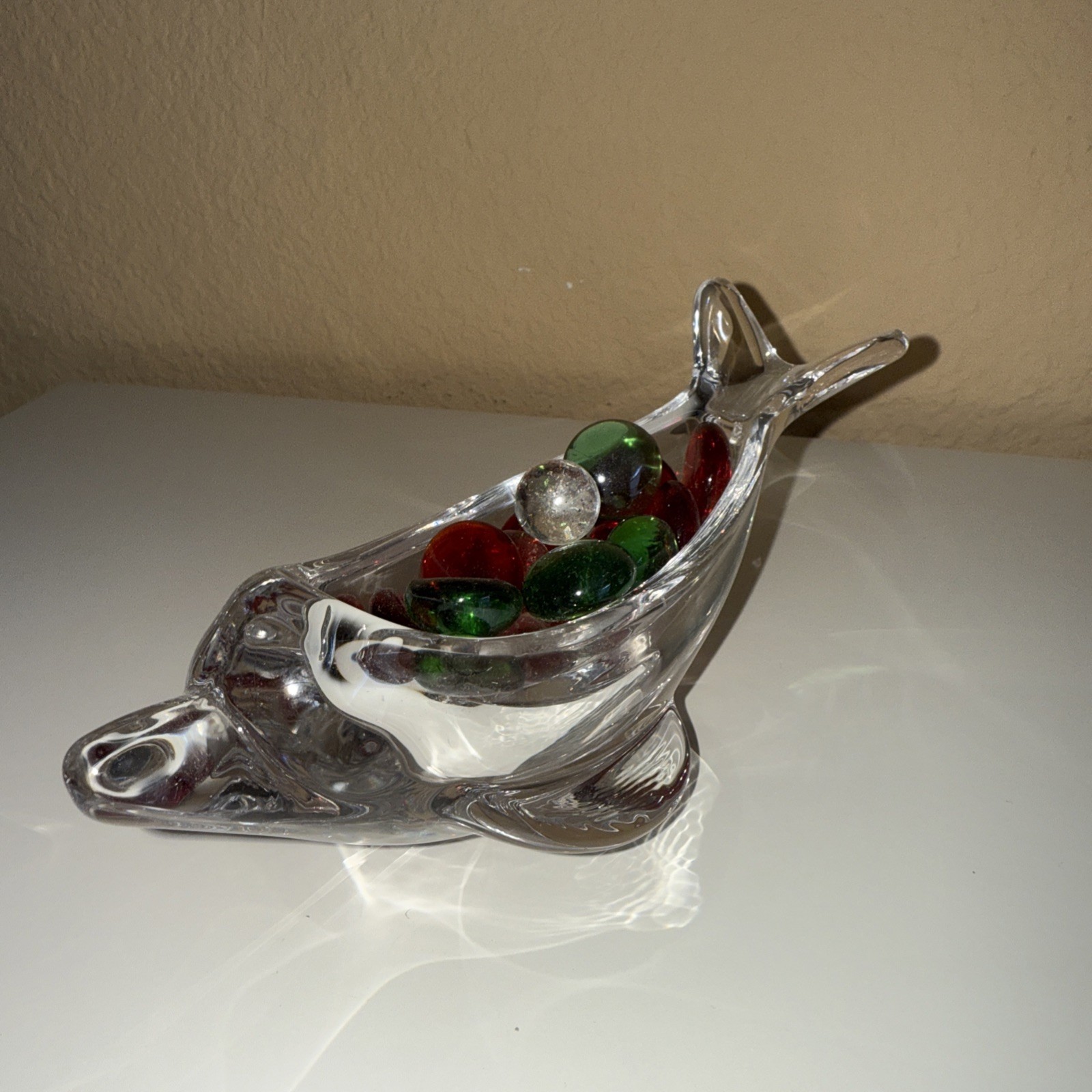 VTG Clear Glass Dolphin Figurine, 6.5″ L x 3″ W x 2.25″T Multi Color Marbles