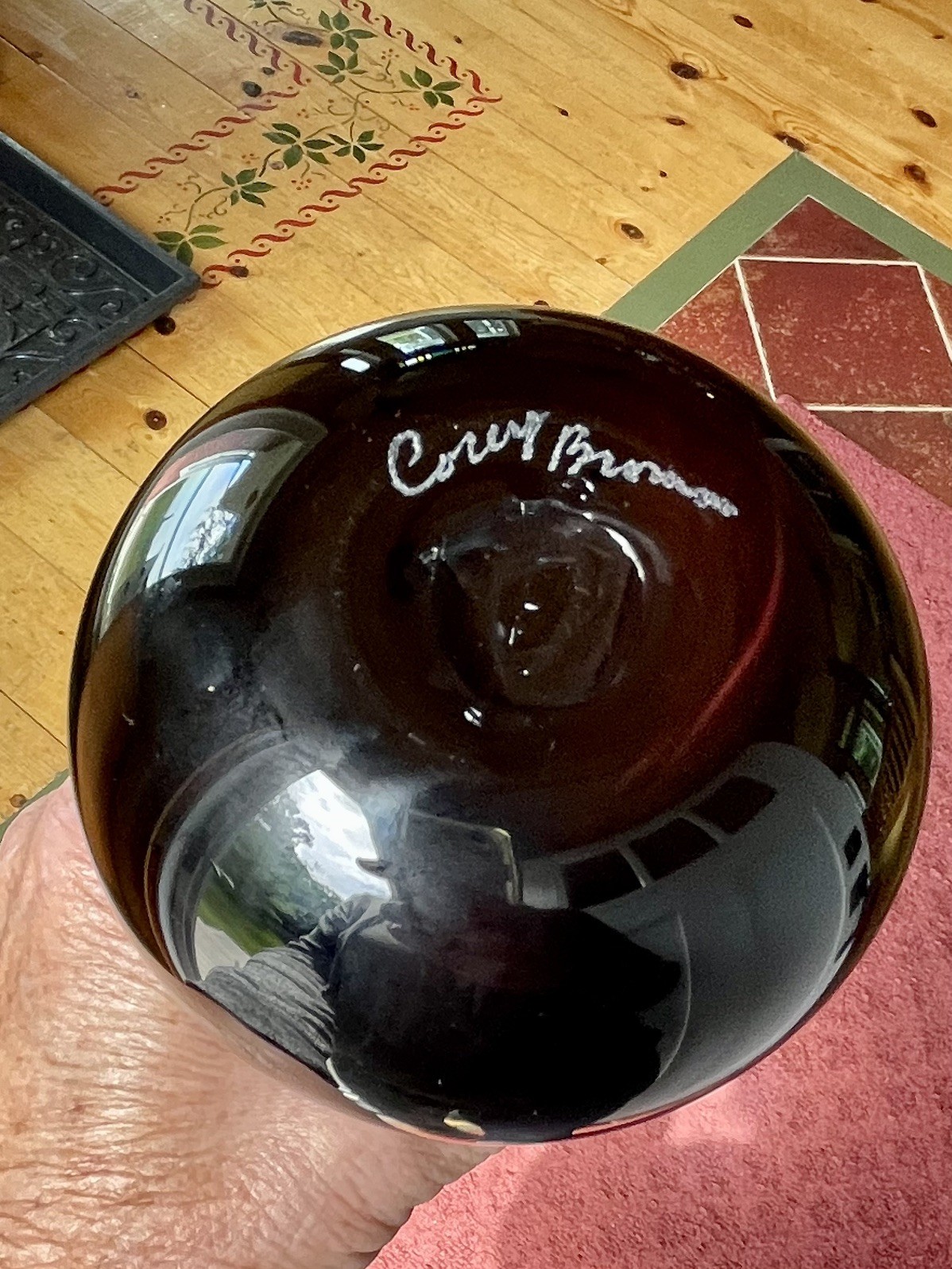 Hand Blown Black & Red Cased Art Glass Contemporary Vase 10” signed Corey Brown?