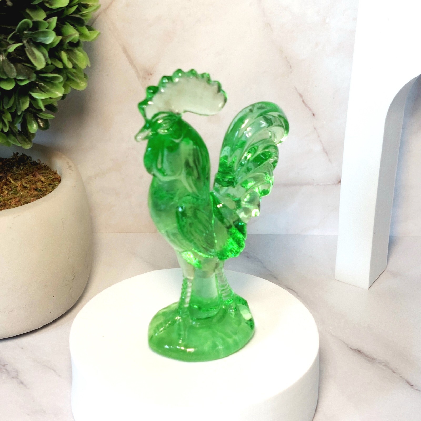 Green Depression Style Glass Rooster Chicken Figurine, Farmhouse, Hen, VTG Style