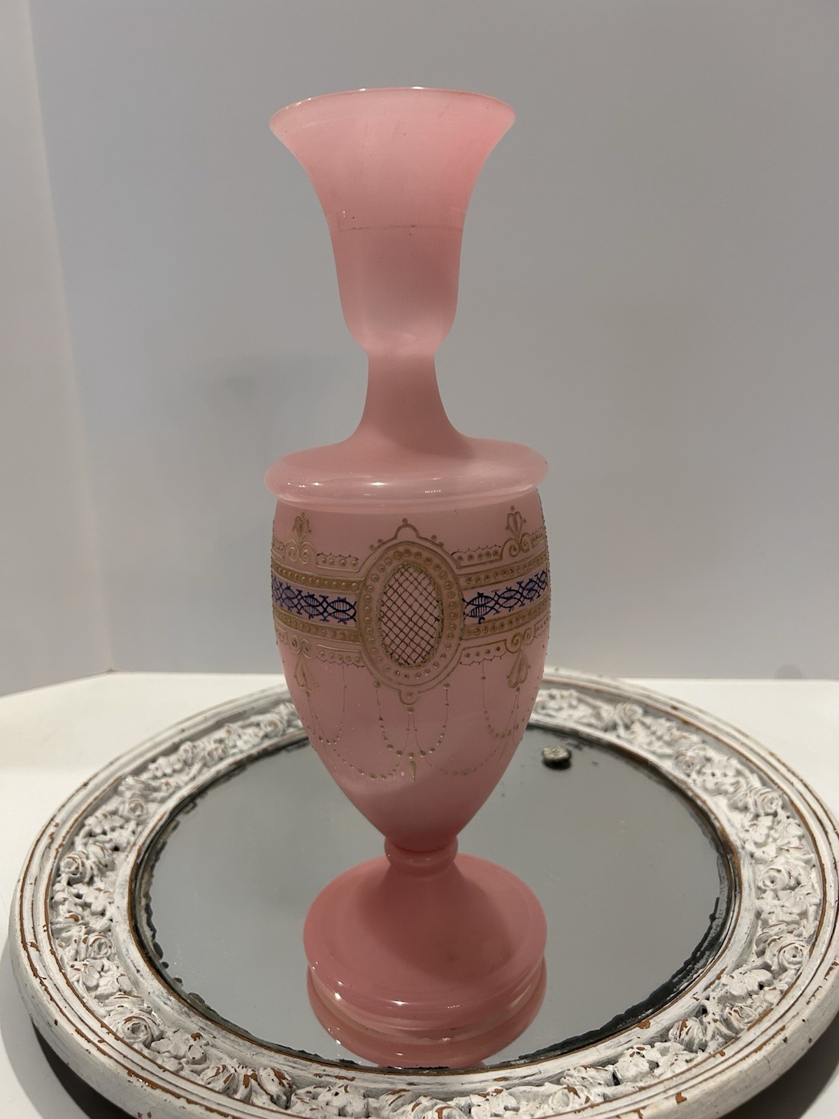 Antique Opaline Pink Glass Vase Satin Victorian French 13” Gold Gilt Enamel
