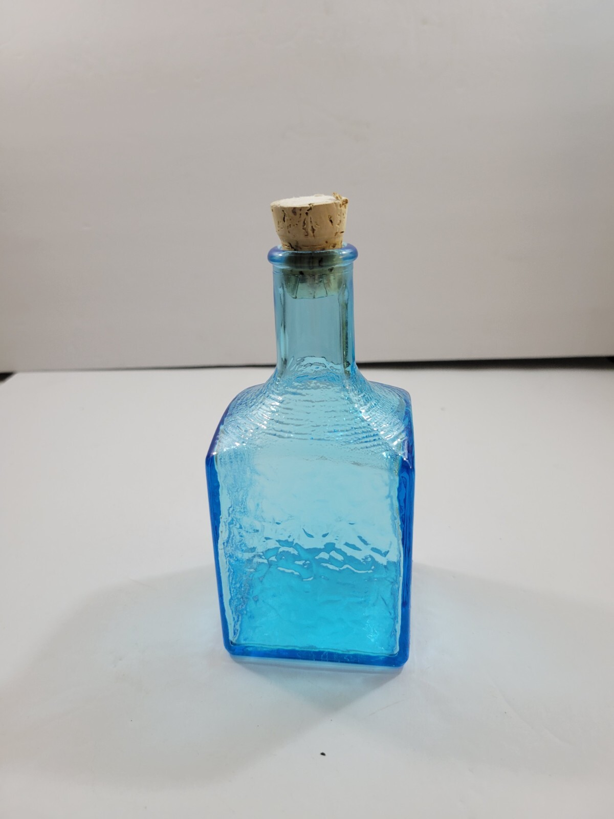 Decorative Turquoise Blue Textured Glass Square Bottle w/Cork Stopper 6″