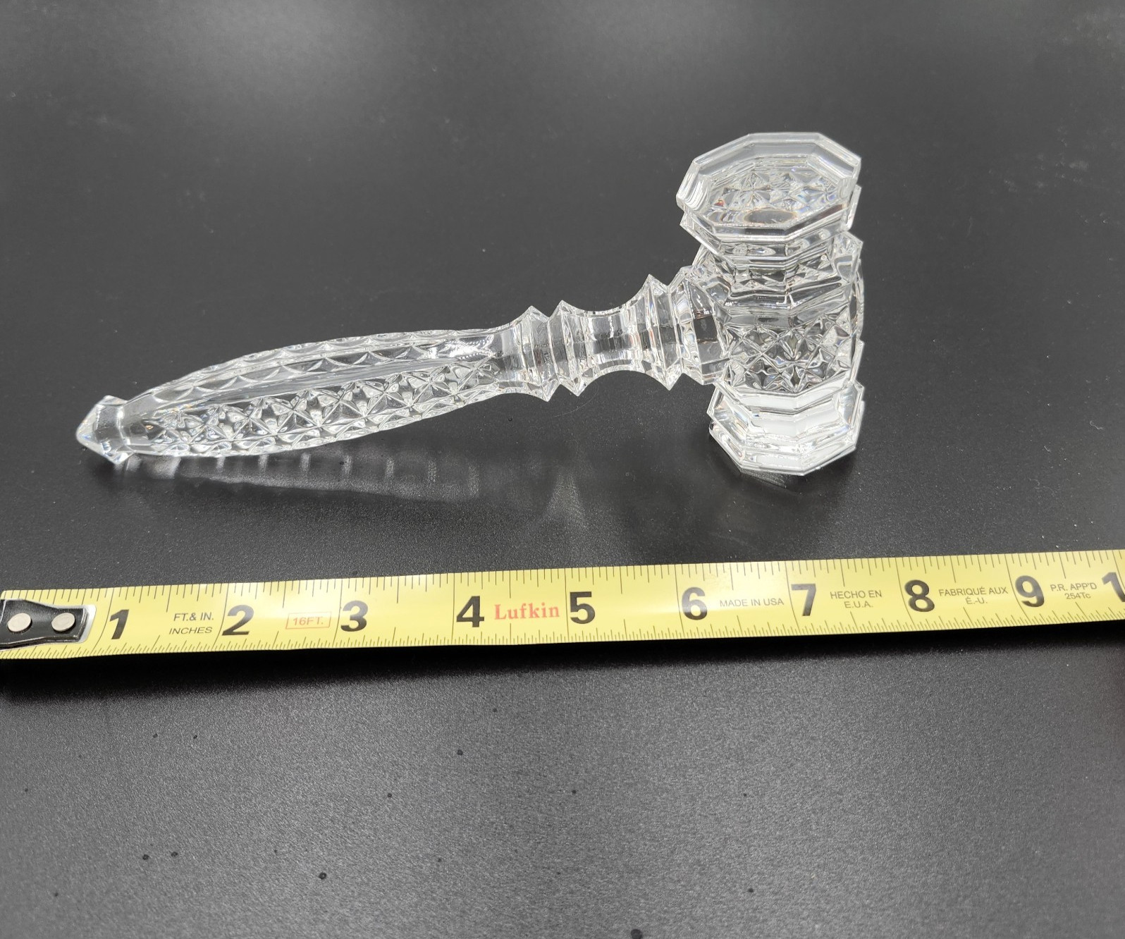 WATERFORD Irish Crystal Faceted 8″ Gavel Paperweight Judge Lawyer Acid Etched