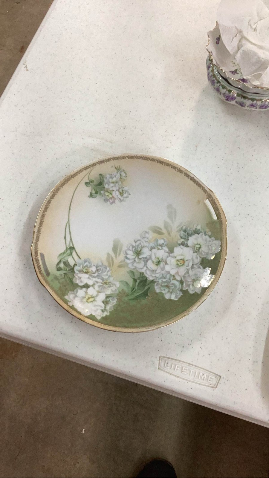 RS Germany Hand Painted White Floral Green Gold Trim Plate Dish b3 bv