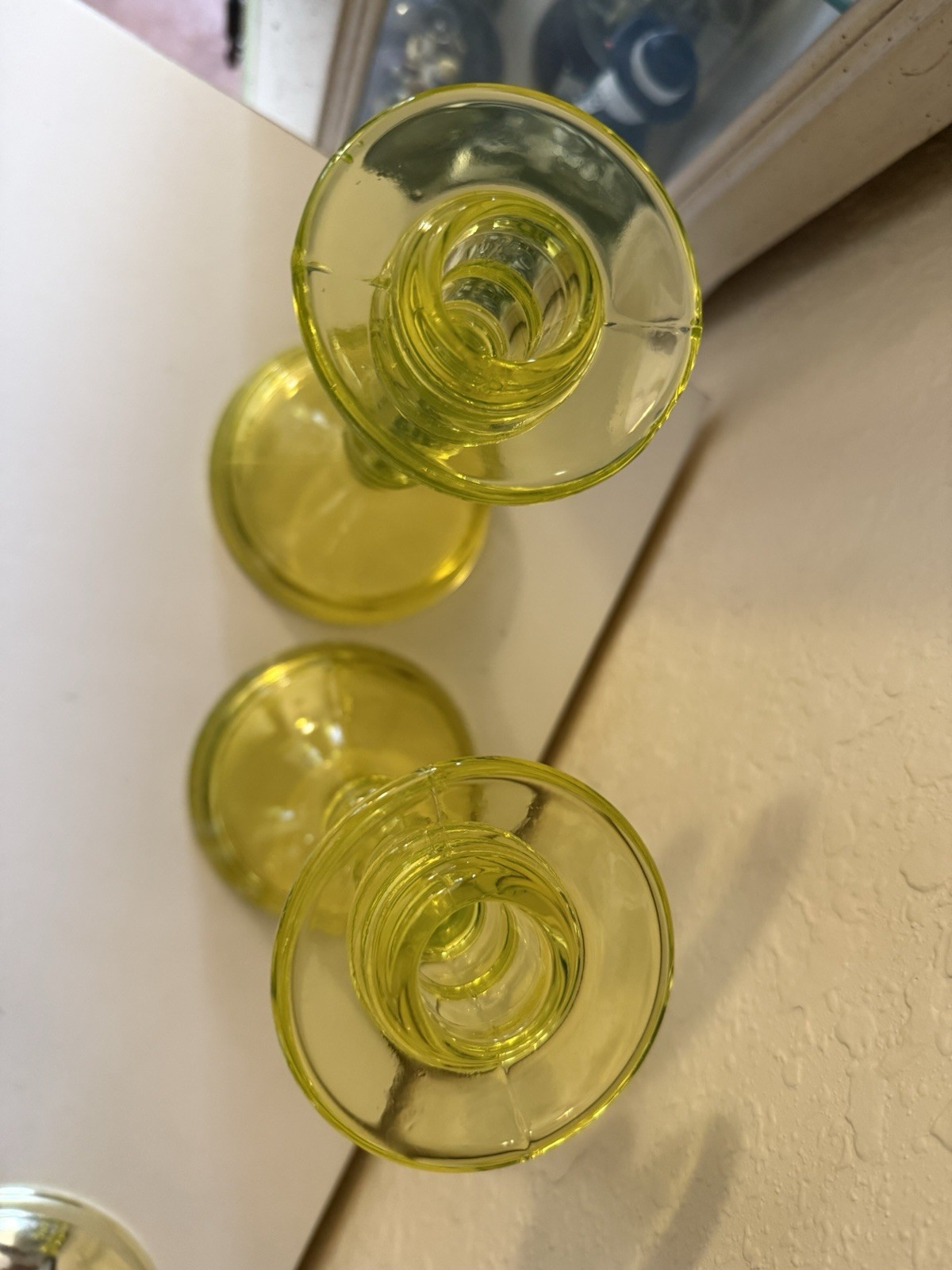 Northwood? Canary Yellow Vaseline Glass Candle Holders 8.5”