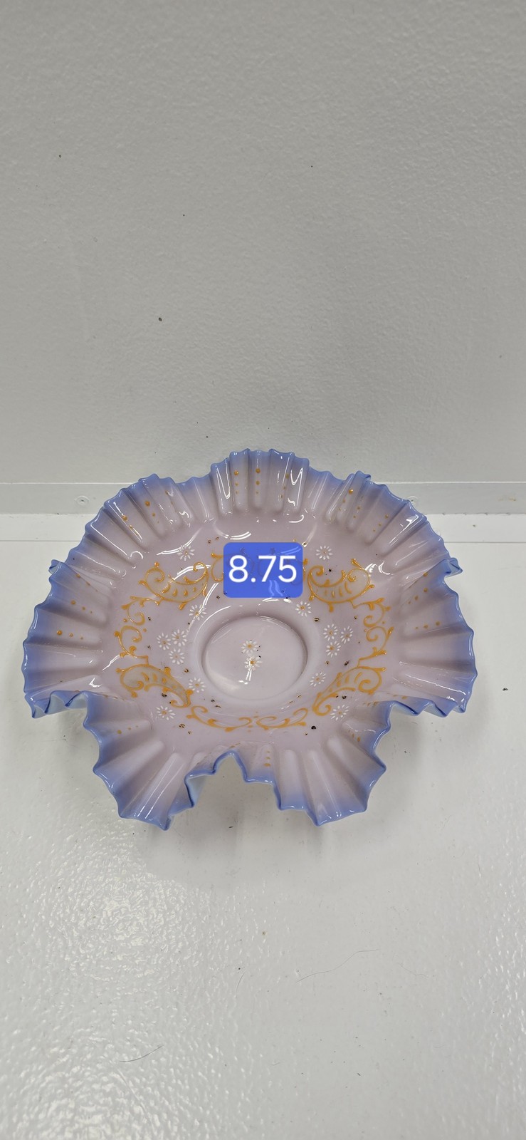 Antique Victorian Opalescent Art Glass Ruffled Bowl Lavender Blue Gold Floral