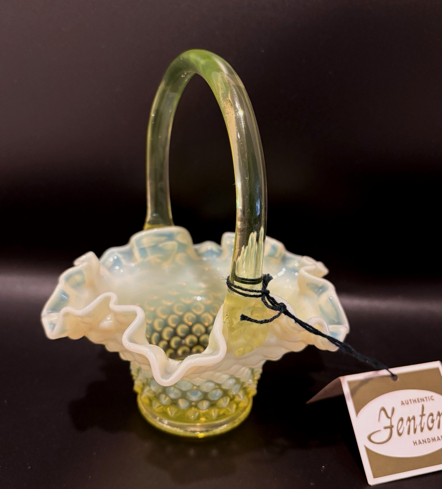 Fenton Uranium Glass Yellow / Topaz Hobnail Opalescent 7″ Basket with Hang Tag