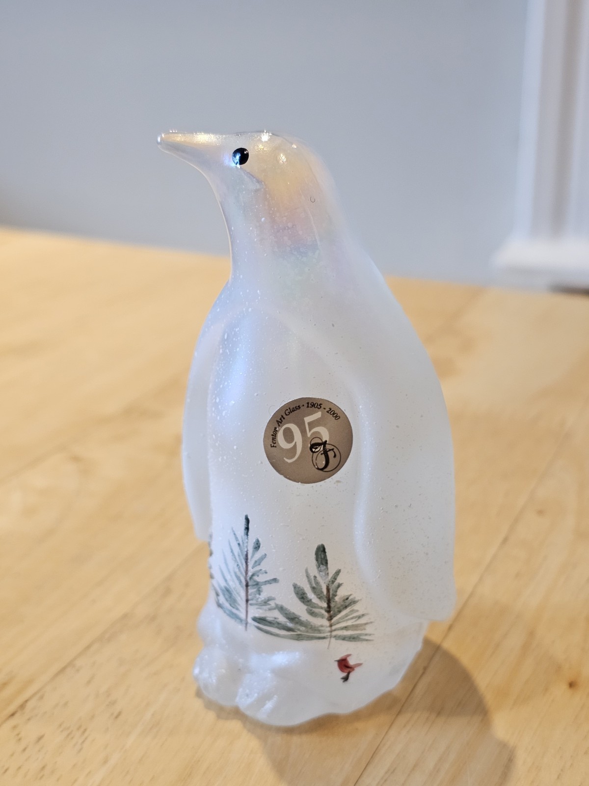 Fenton Hand-Painted Art Glass Penguin – Woodland Frost on Iridescent Glass