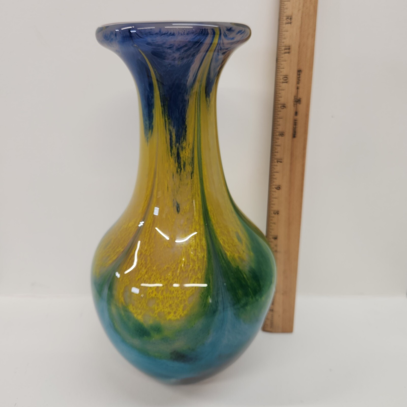 Heavy Thick Cased Art Glass Swirl Of Color Hand Blown 11.5″ Art Glass Vase Red