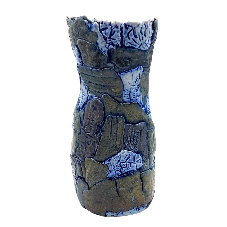 Patchwork Folk Art Pottery Vase Hand Thrown Textured Stoneware Vintage Rustic
