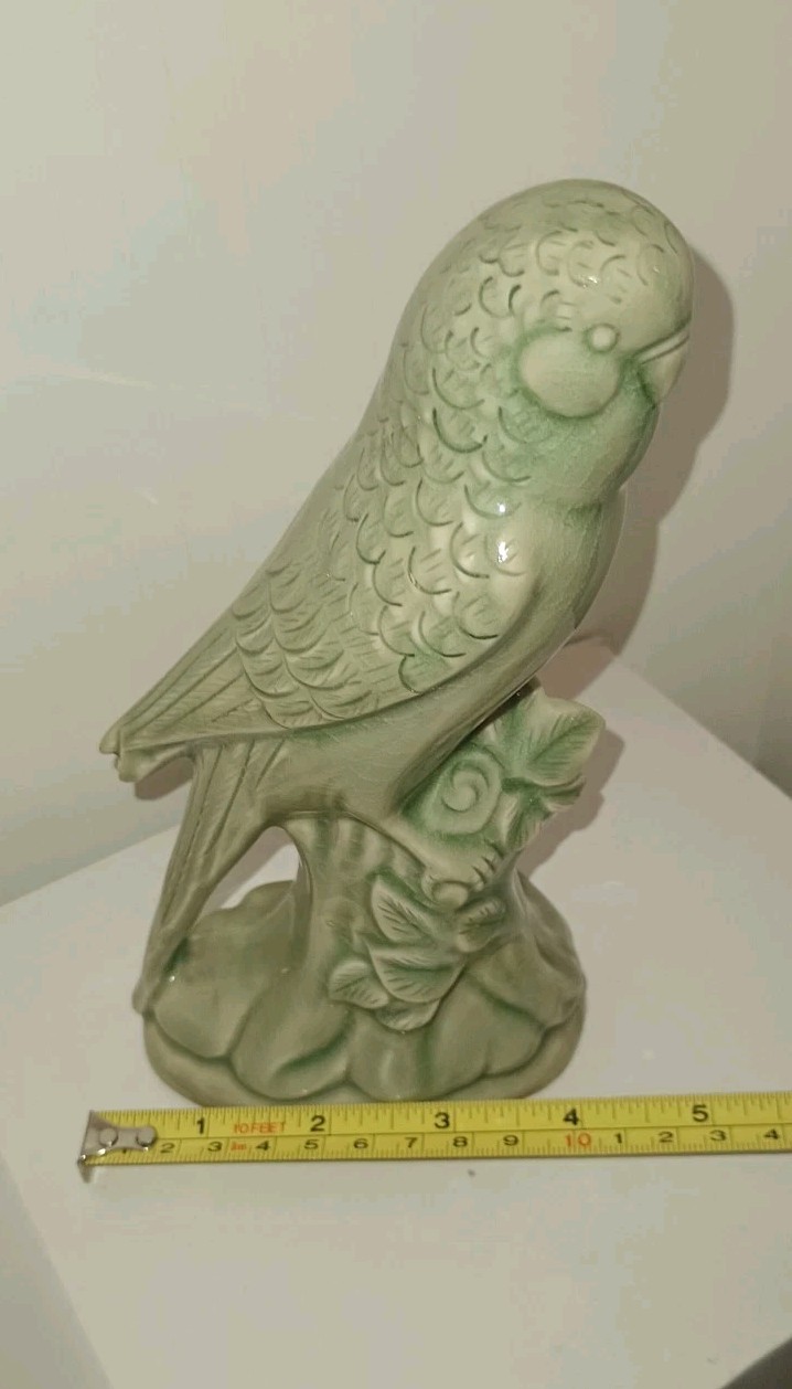 Vintage Pottery Celadon Porcelain Green Bird Parakeet 7.75” Figurine MCM