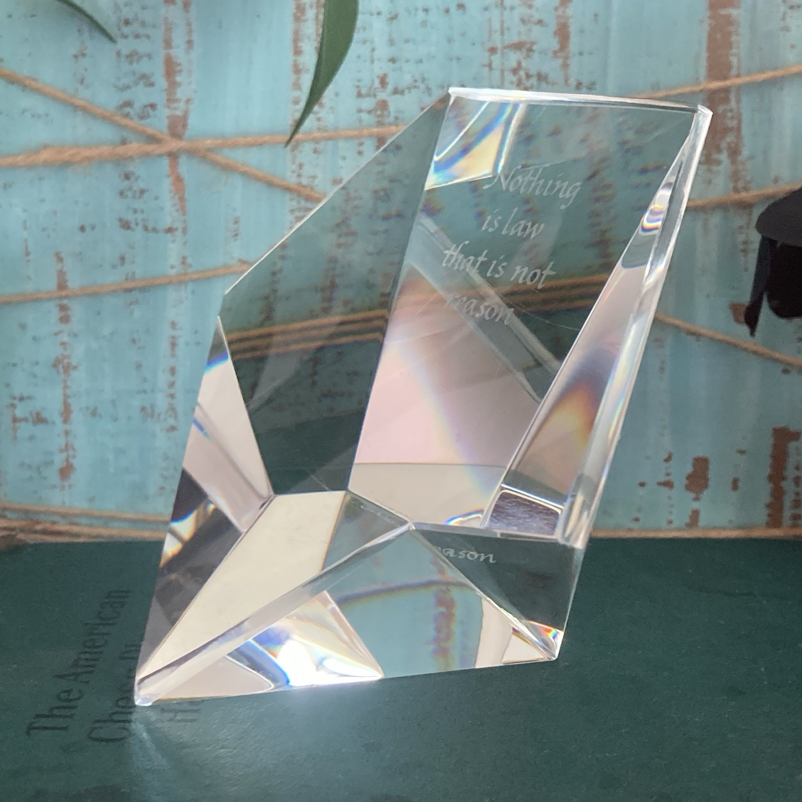 VTG Diamond Prism Paperweight Signed Stueben Nothing Is Law That Is Not Reason