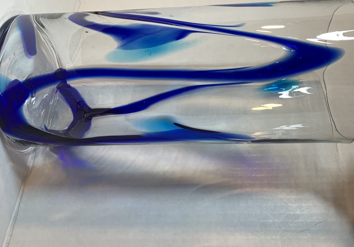 Hand Blown Mexican Glass Cylinder Vase 6″x14″, Clear w/Cobalt Blue Swirls