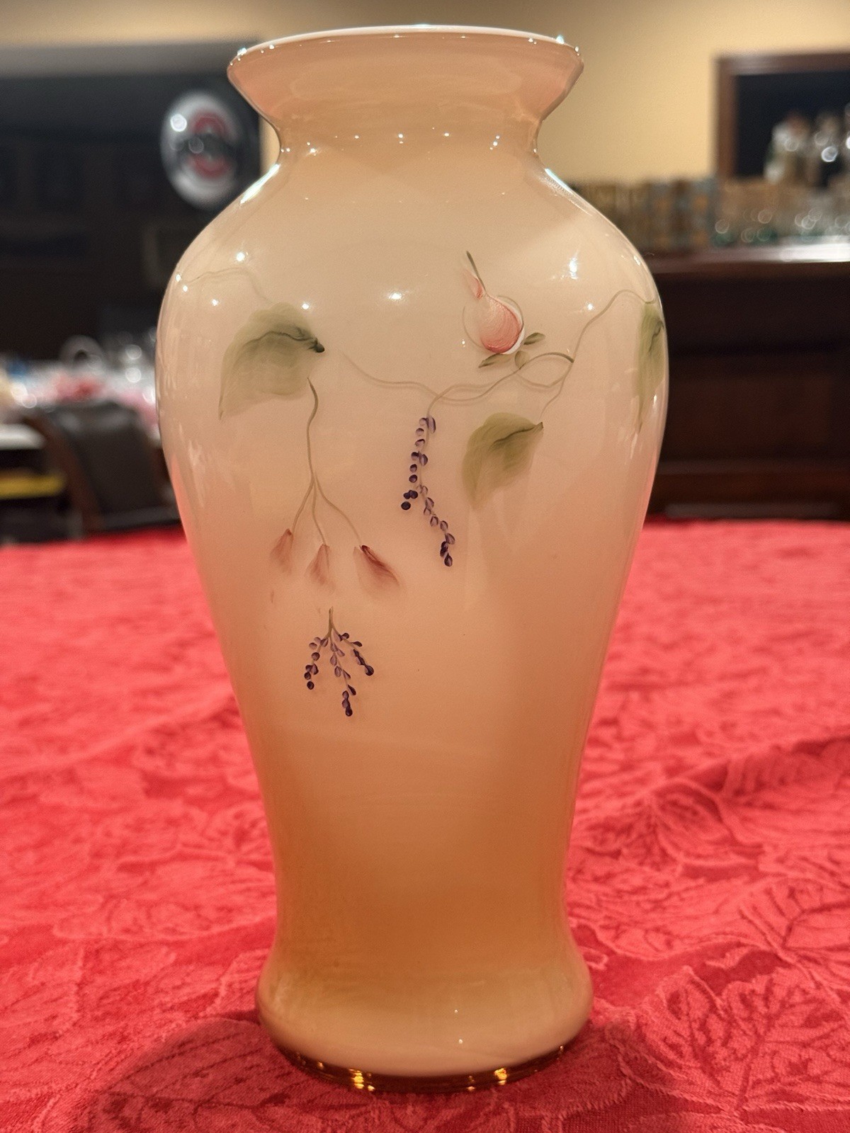Fenton Satin Sunset Overlay Hand Painted “Princess Roses” Vase Signed Ex Cond