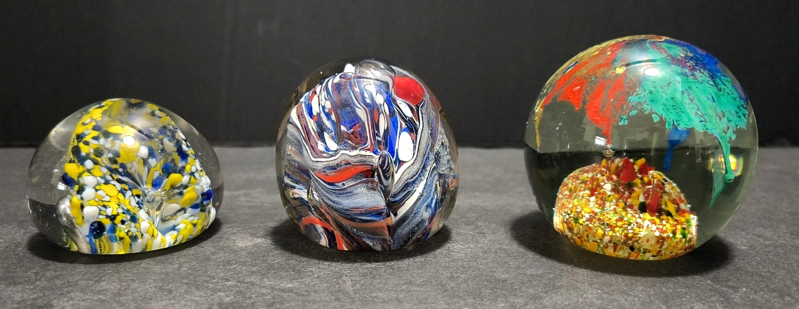 Vtg 1970s Lot of 3 Glass Paperweights Multicolor Egg Shaped, Half Sphere, Round