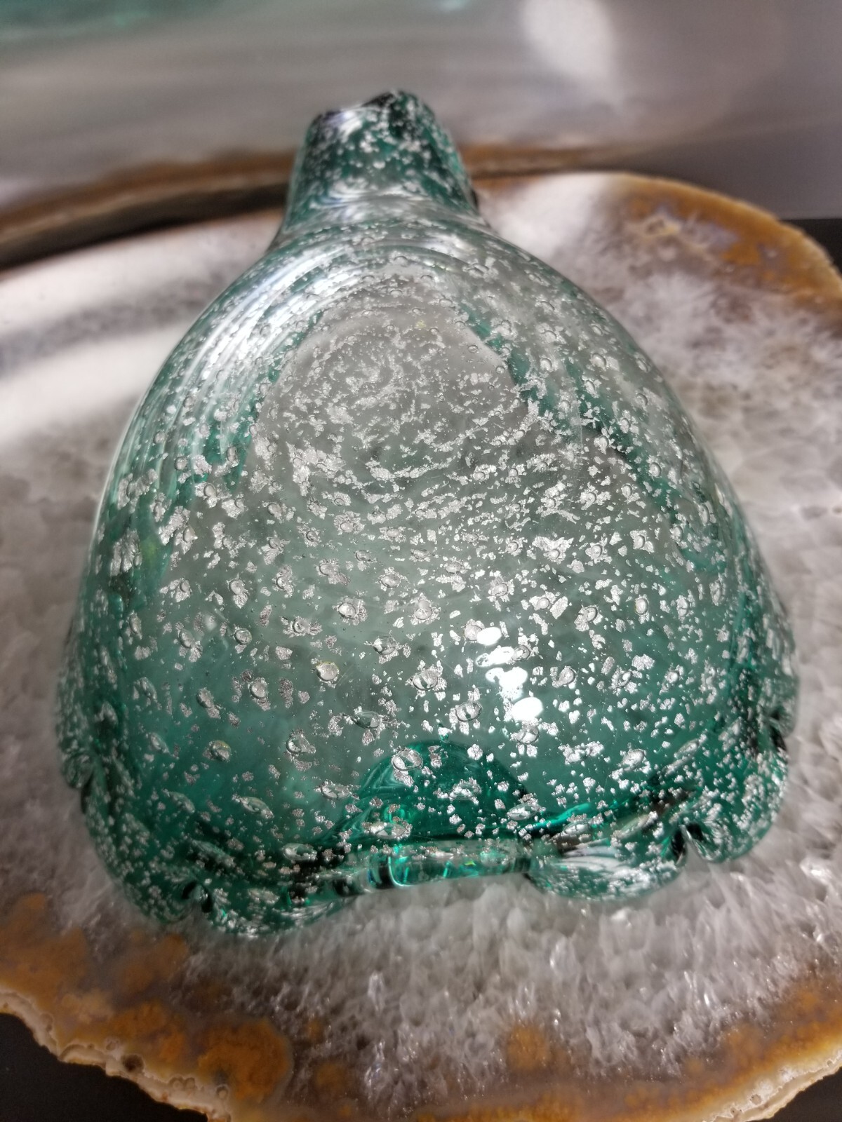 Vintage Murano Glass * Ashtray Bowl * Teal Blue * Silver Aventurine * 7″ * 0419