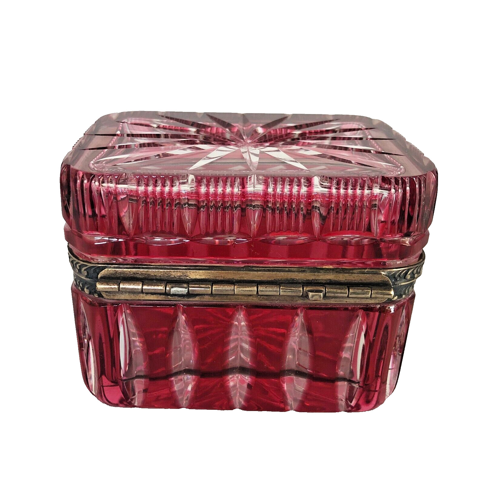 Vintage German Cranberry Color Cut to Clear Hinged Glass Box