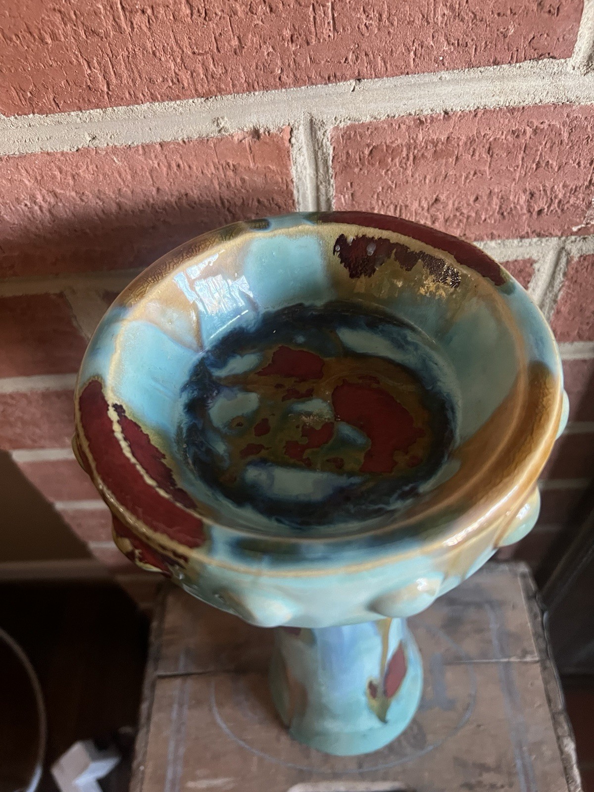Large MCM Style Teal Drip Glaze Ceramic Pedestal Candle Holder 14” inch