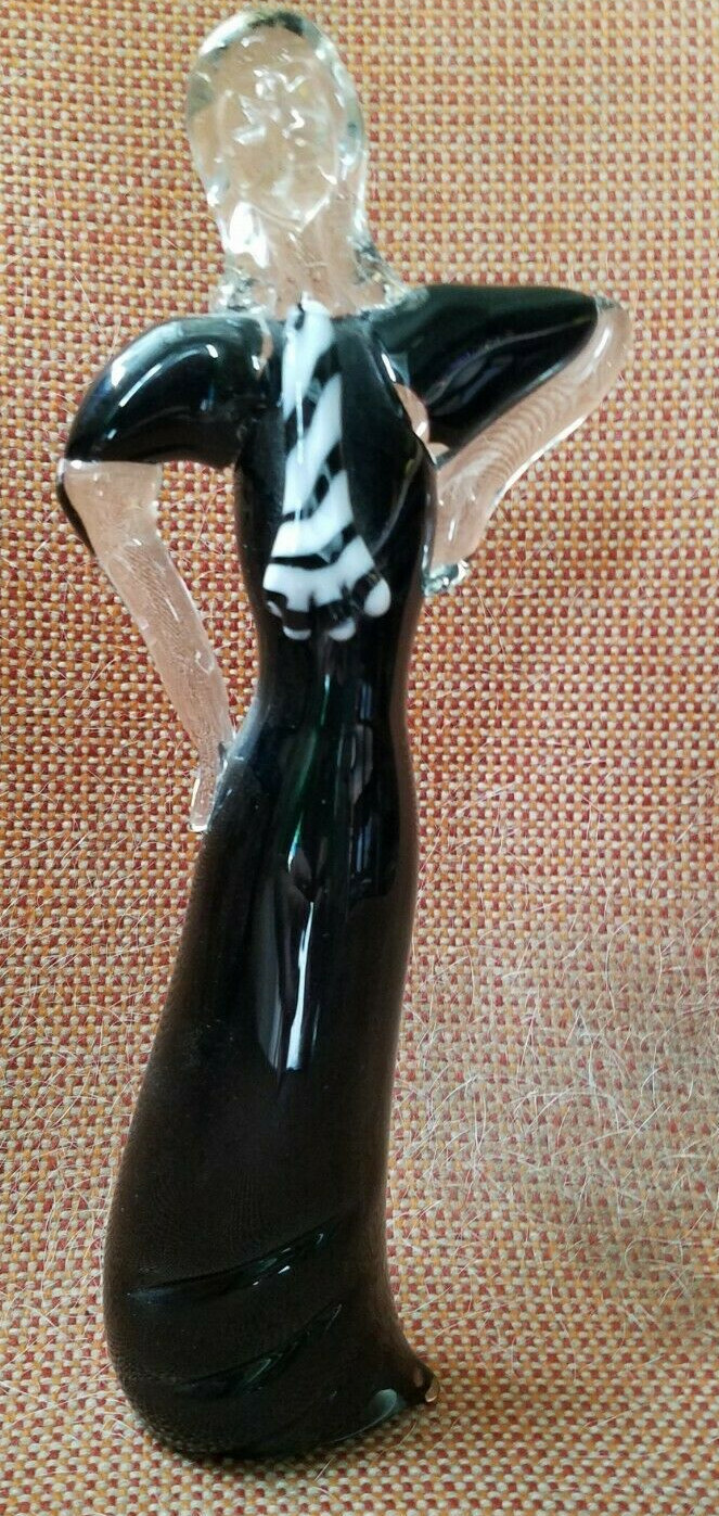 MURANO GLASS WOMAN FIGURINE SCULPTURE BLACK WHITE CLEAR w/ OLD FLECKS DUST VTG