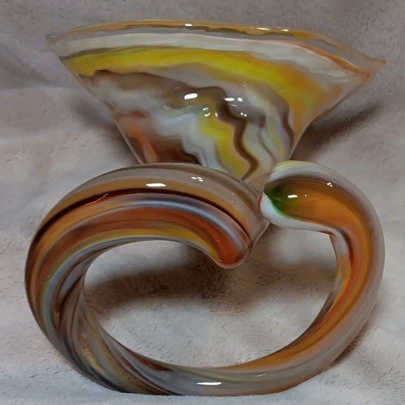 Vintage Hand Blown Orange And Yellow Art Glass Swirl Twisted Stem Vase