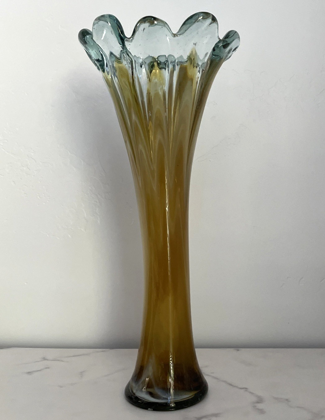 Murano Style Blown Art Glass Vase Venetian Collection Amber Scalloped Top 17″