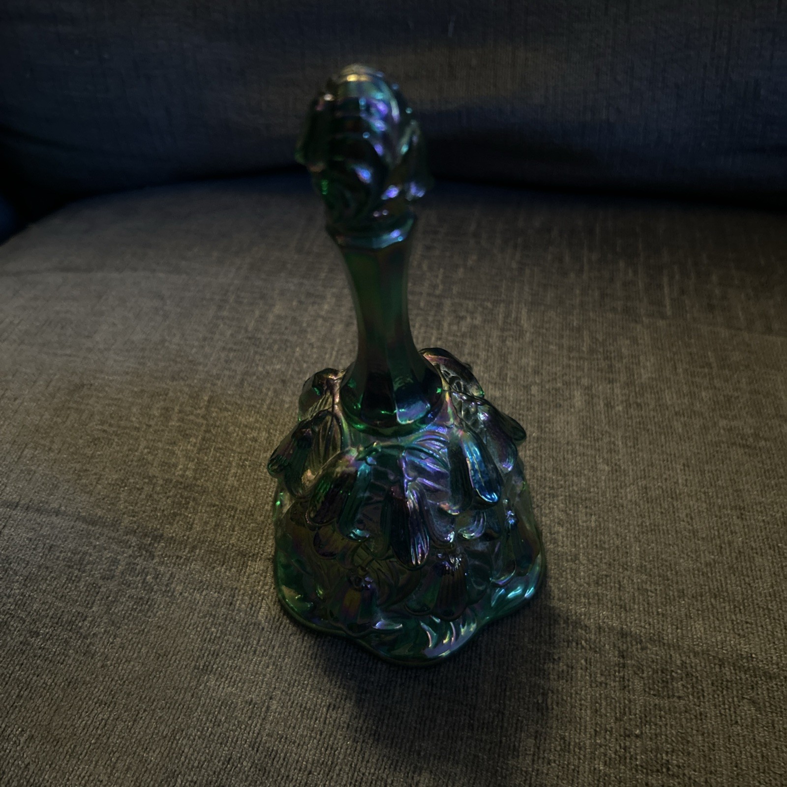 Fenton Bell Green Iridescent Carnival Embossed Temple Bells Lily of the Valley