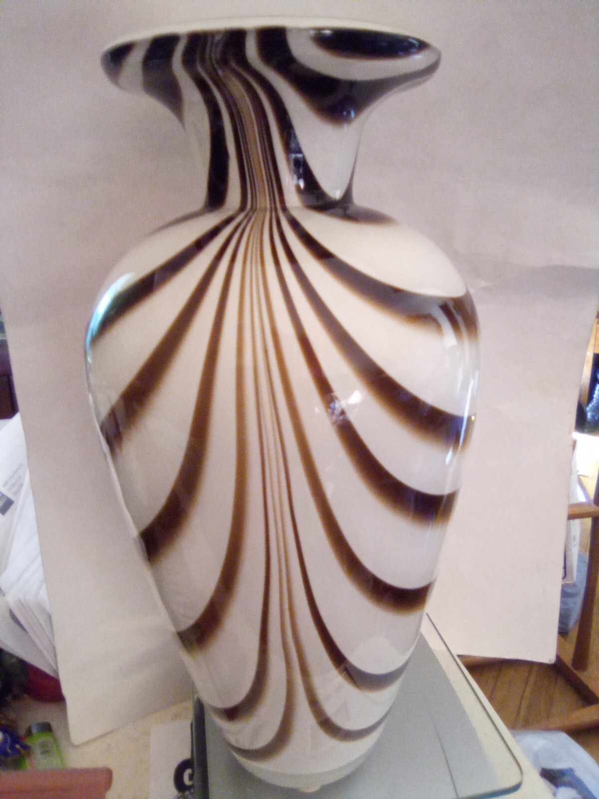 12inTall hand blown art glass vase White with brown stripes excellent condition